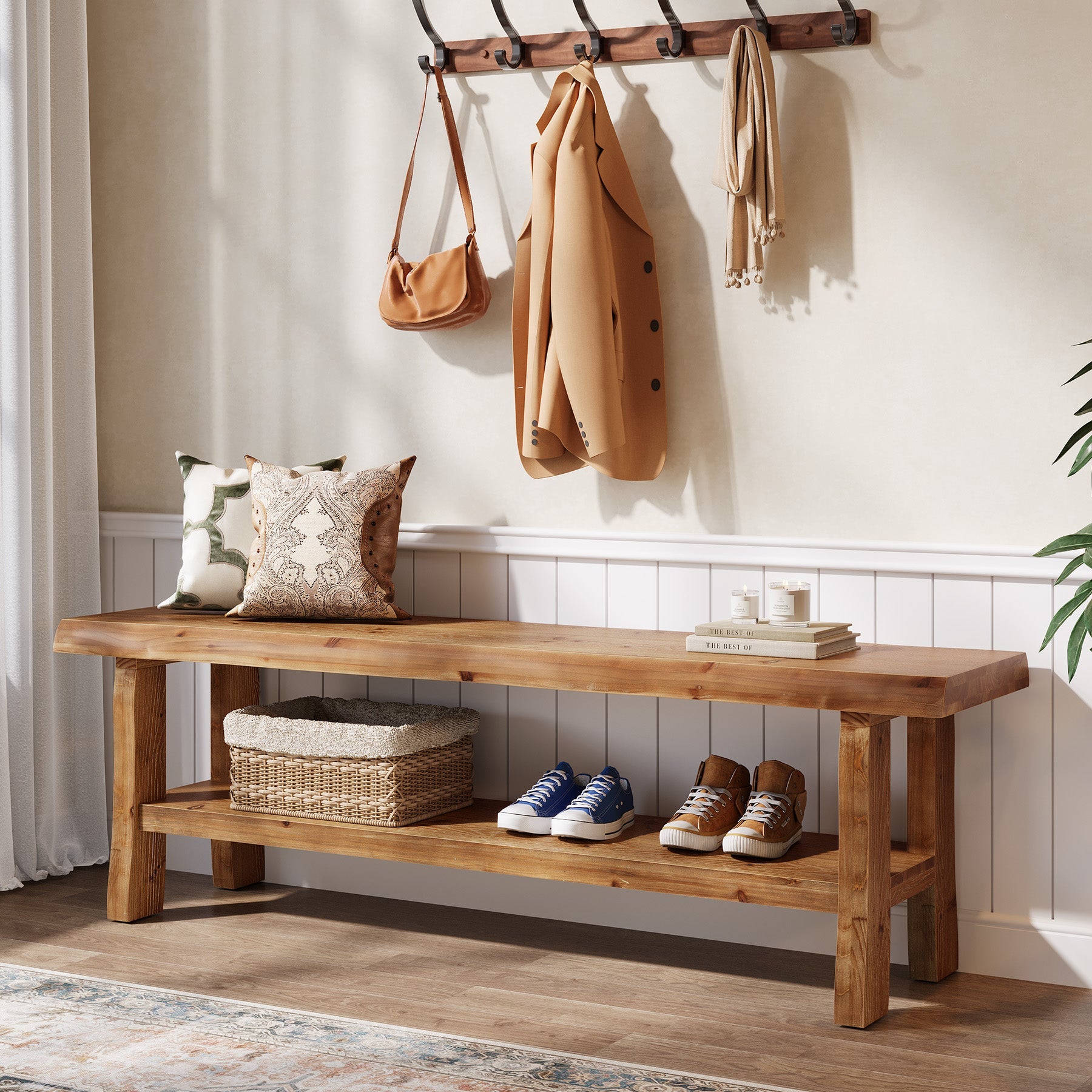 55" Shoe Bench, Solid Wood Entryway Bench End of Bed Stool with Lower Shelf