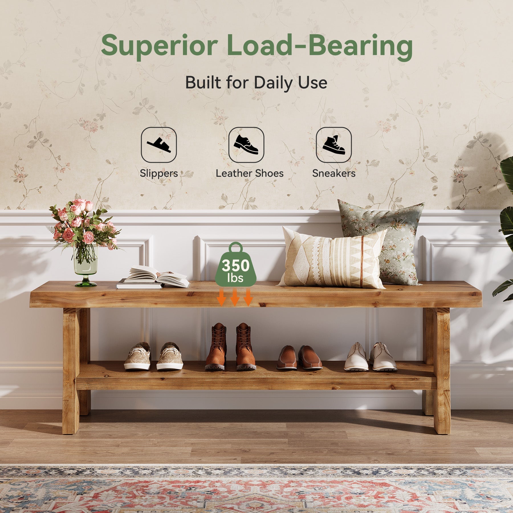 55" Shoe Bench, Solid Wood Entryway Bench End of Bed Stool with Lower Shelf