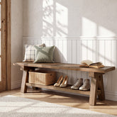 63" Solid Wood Entryway Bench with Storage Shelf, Farmhouse Wooden Shoe Bench 3
