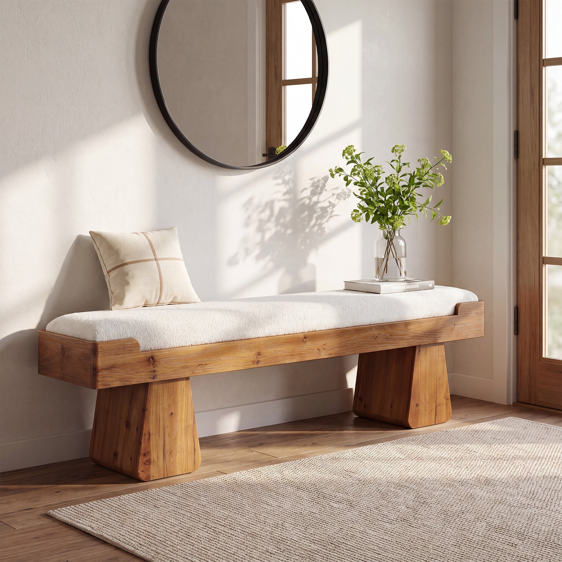 55" Upholstered Solid Wood Entryway Bench, Farmhouse Shoe Bench with Cushion for Hallway