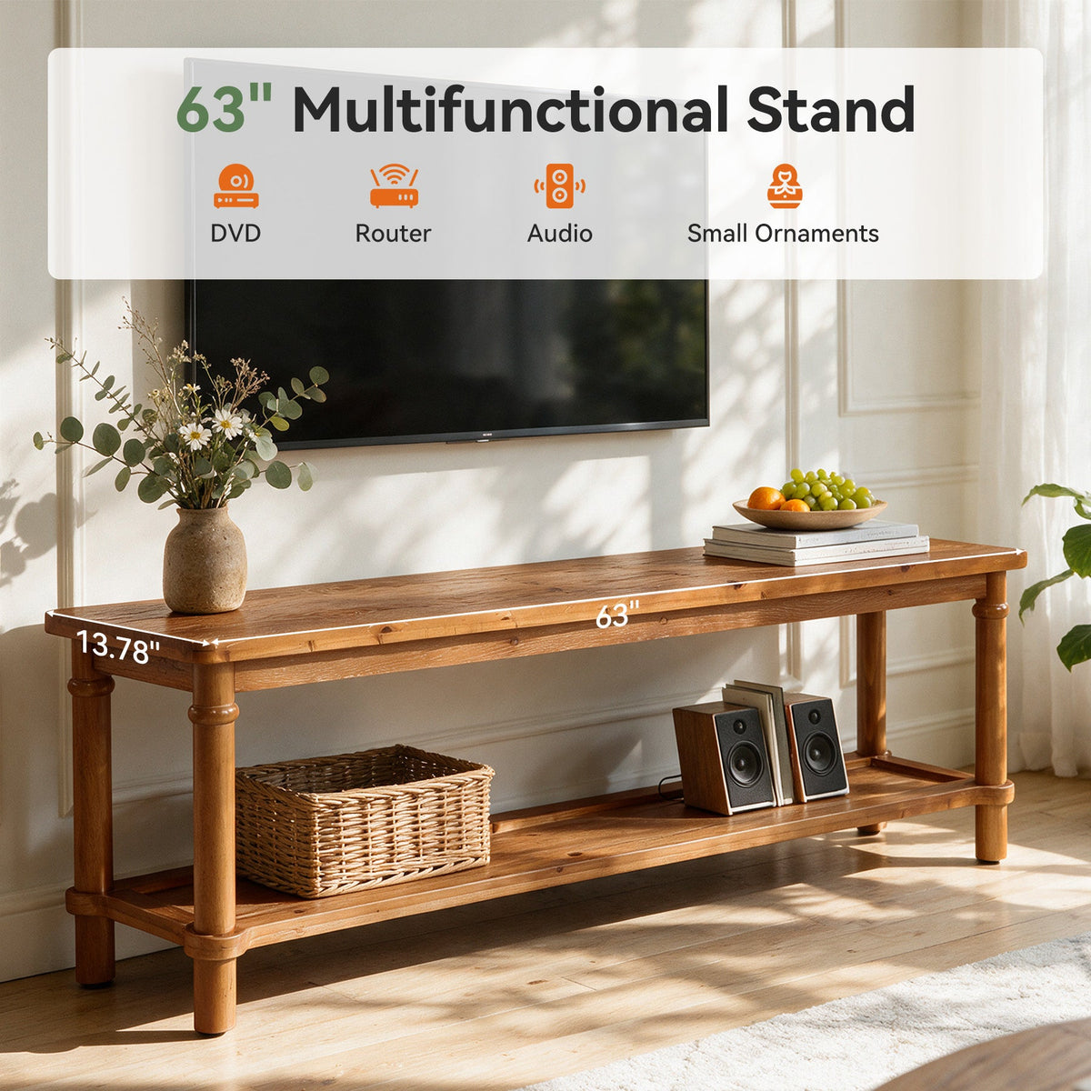 63" Solid Wood TV Stand for up to 75" TVs, 2-Tier TV Console Table with Open Shelf