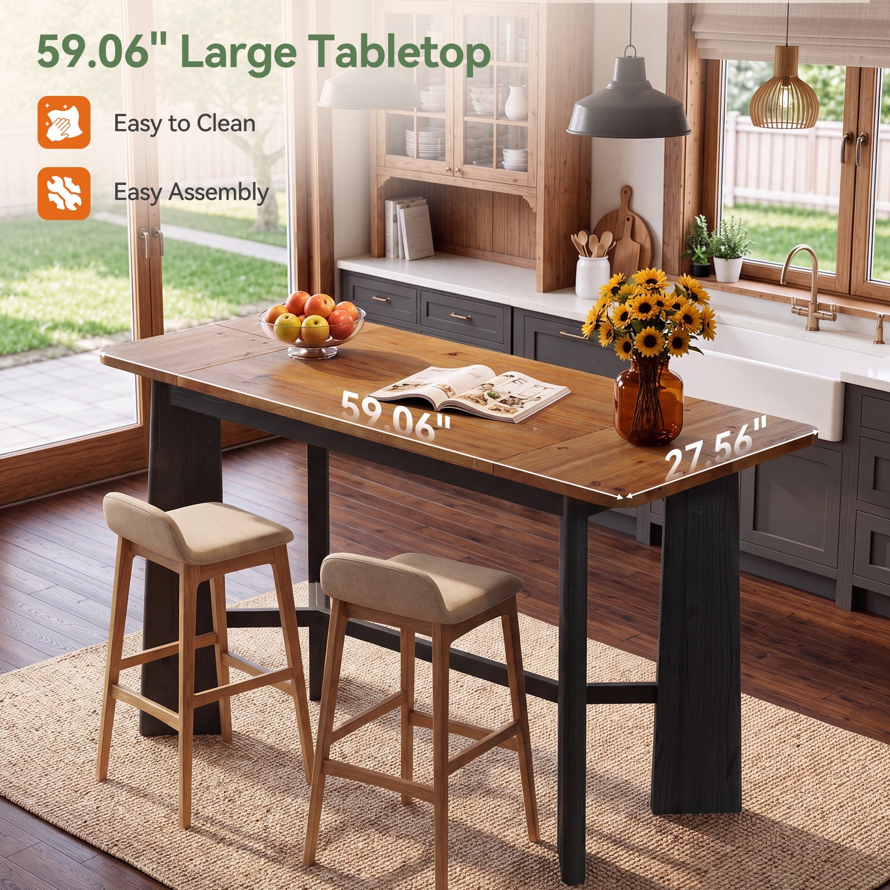 59" Solid Wood Home Bar Table, Seats 4-6, Counter Height, Kitchen Balcony Pub Table