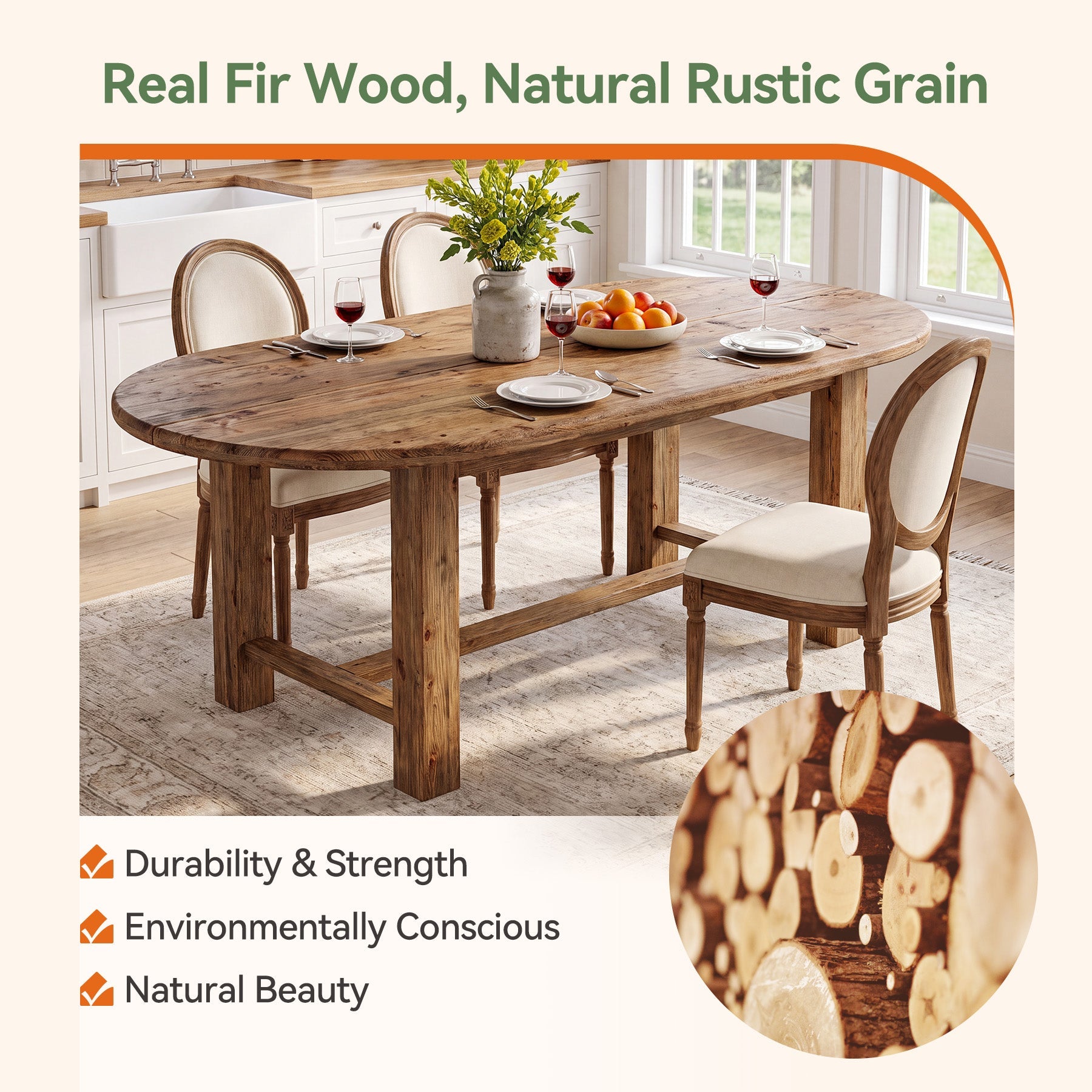 63" Solid Wood Dining Table for 4-6, Oval Farmhouse Kitchen Table with Chunky Legs