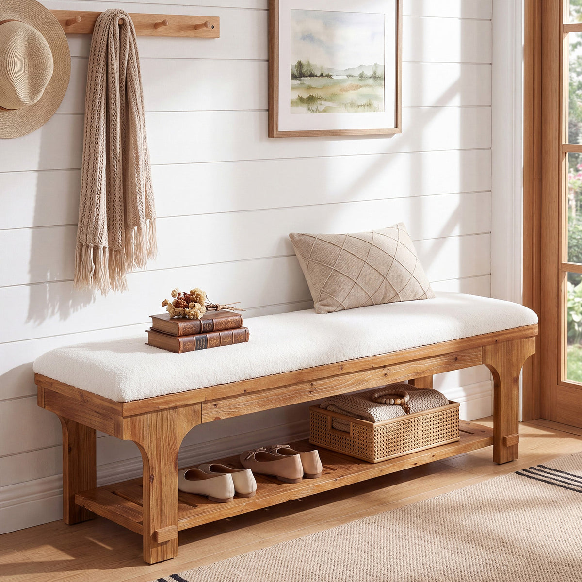 59" Entryway Bench with Boucle Cushion, Slatted Storage Shelf, Rustic Solid Wood, Hallway