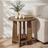 Round Solid Wood End Table, 2-Tier Side Table Nightstand with Shelf for Small Space 3