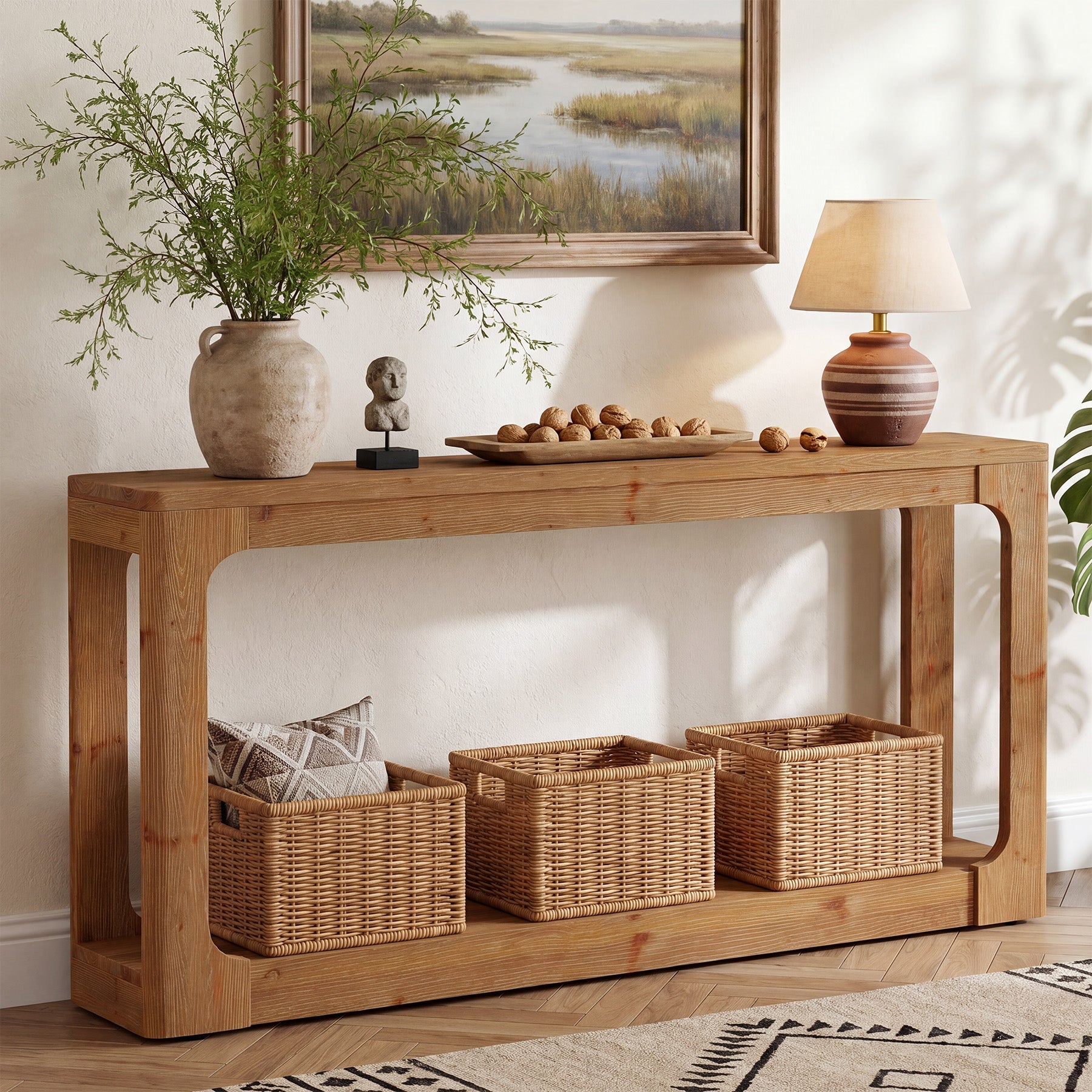 63" Solid Wood Console Table, 2-Tier Narrow Sofa Table Behind The Couch