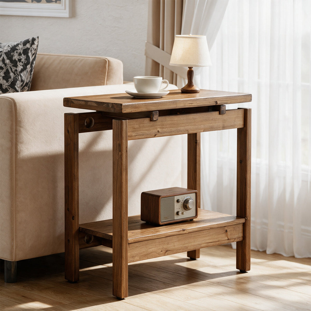 24" Narrow Solid Wood 2-Tier End Table, Small Nightstand Bedside Table, Bedroom