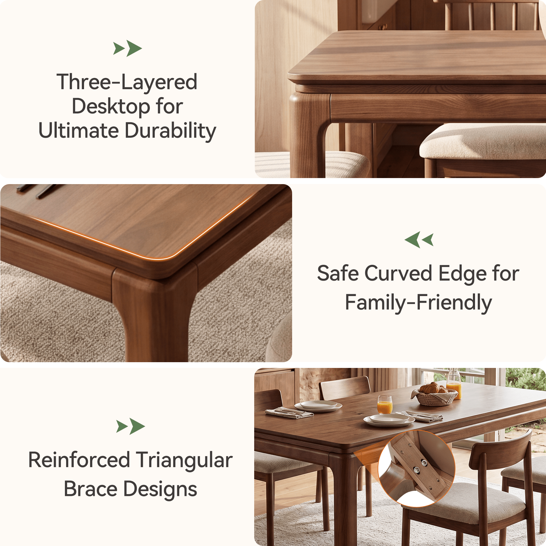 63" Solid Wood Dining Table, Rectangle Kitchen Table with 3-Layer Desktop for 4-6