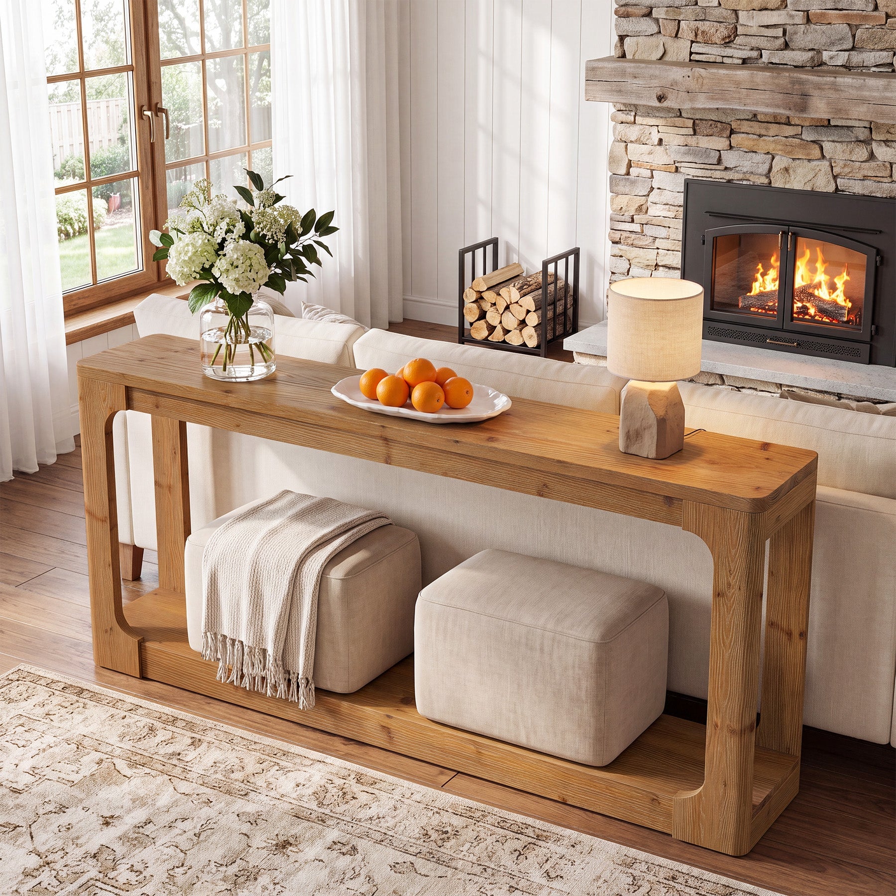63" Solid Wood Console Table, 2-Tier Narrow Sofa Table Behind The Couch