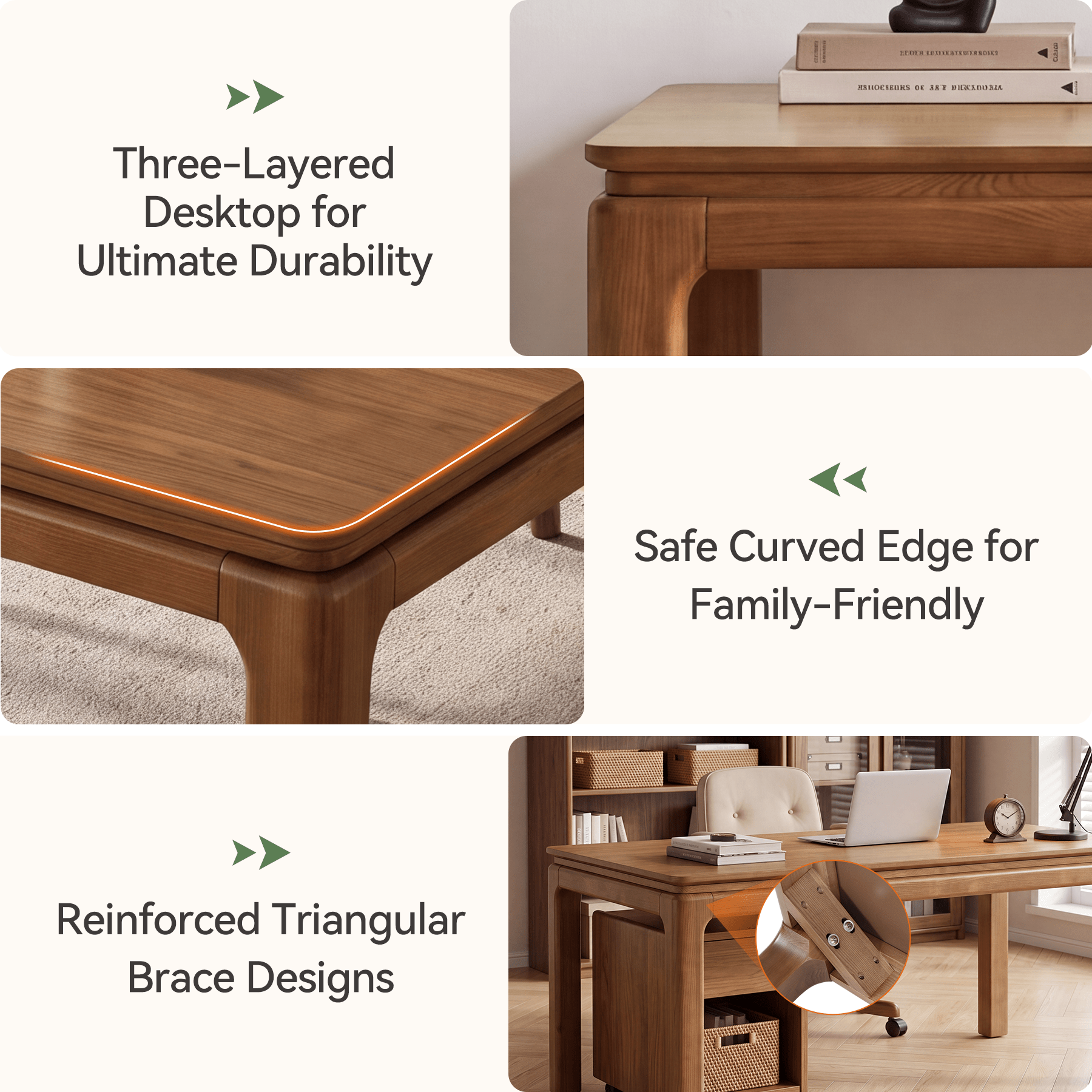 63" Solid Wood Executive Desk, Wooden Computer Desk with 3-Layer Desktop for Home Office