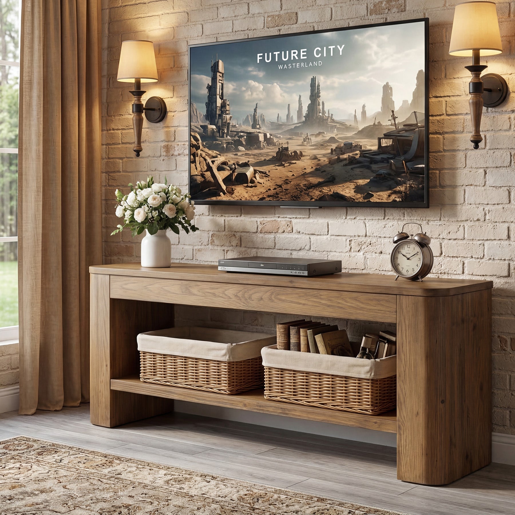 59“ Solid Wood TV Stand for 55–65 Inch TVs, Farmhouse Media Console with Open Shelves for Living Room or Bedroom