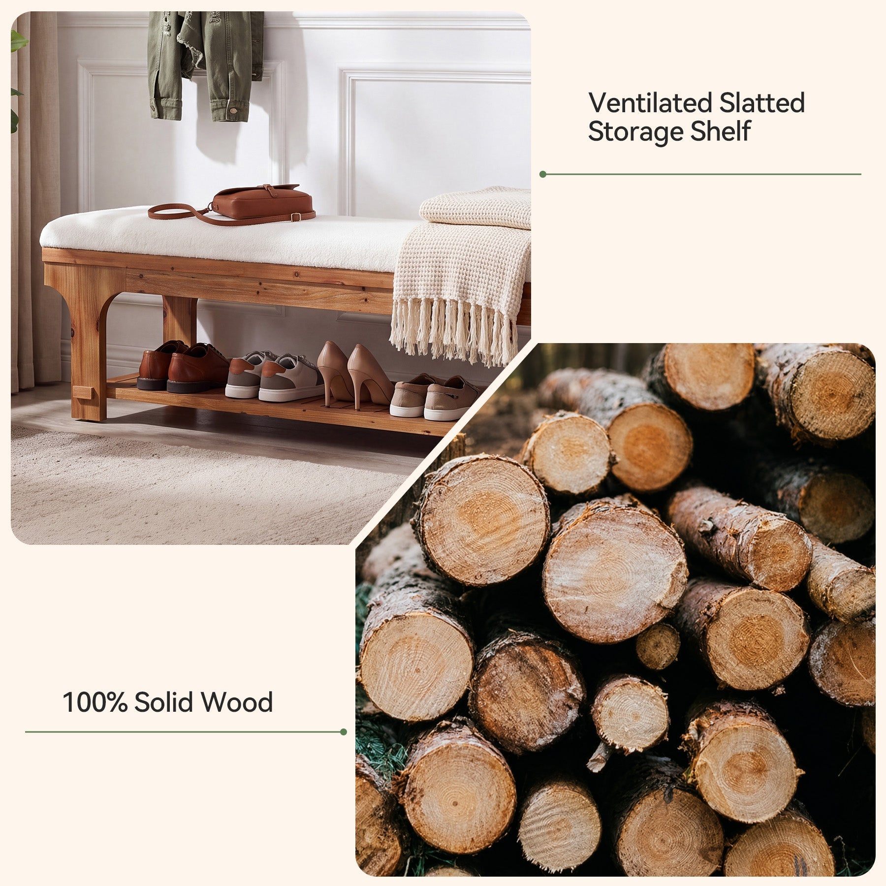 59" Entryway Bench with Boucle Cushion, Slatted Storage Shelf, Rustic Solid Wood, Hallway