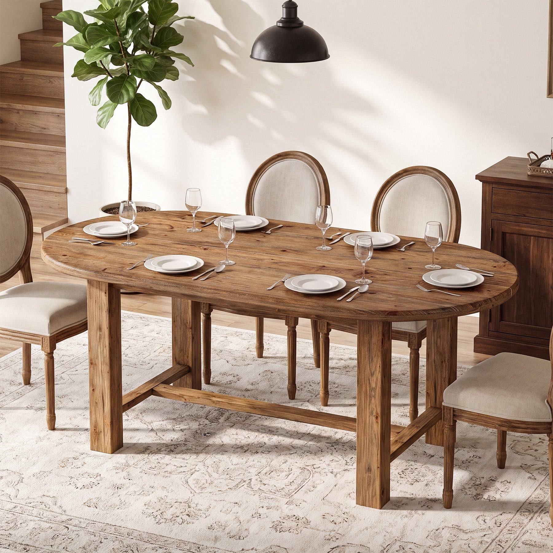 63" Solid Wood Dining Table for 4-6, Oval Farmhouse Kitchen Table with Chunky Legs