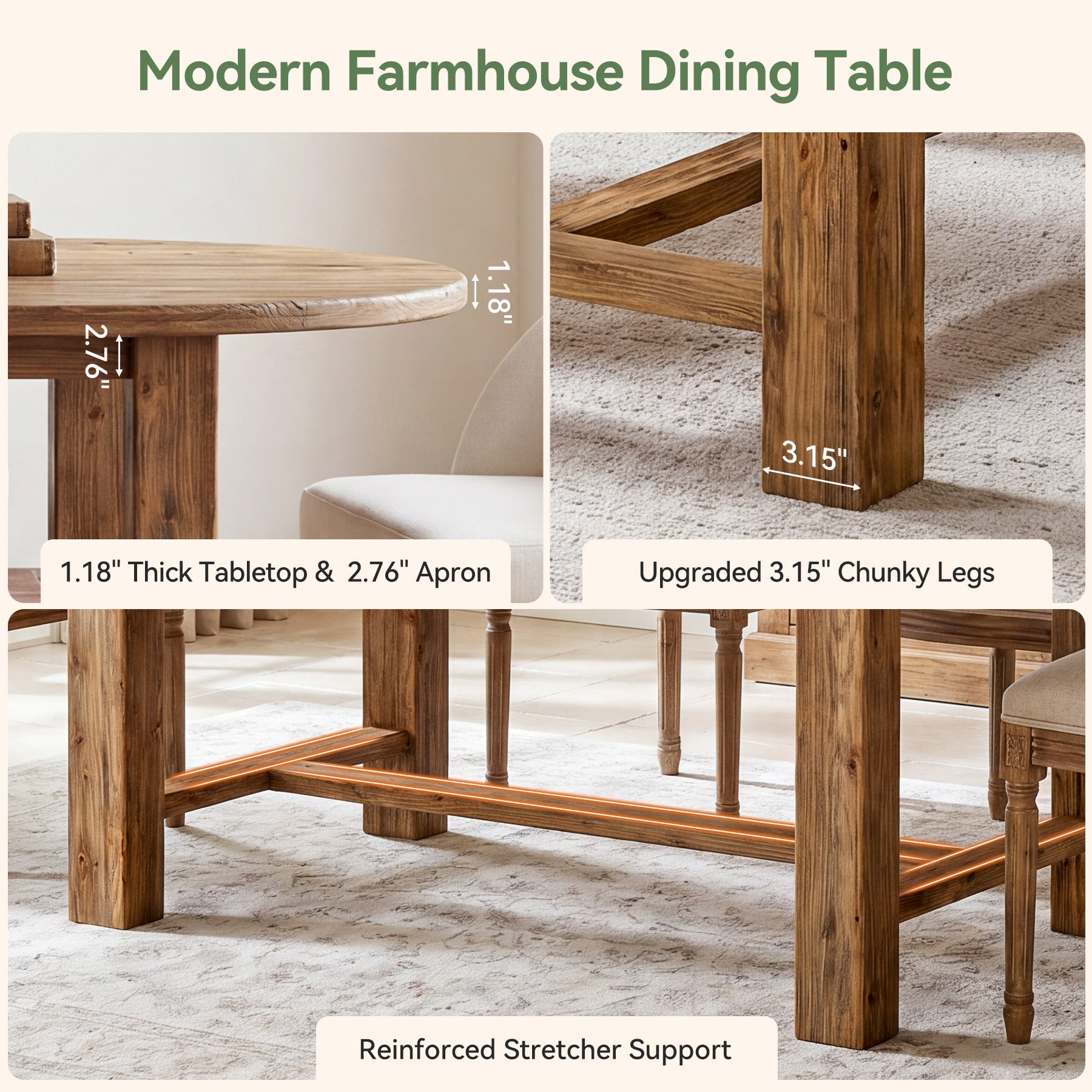 63" Solid Wood Dining Table for 4-6, Oval Farmhouse Kitchen Table with Chunky Legs