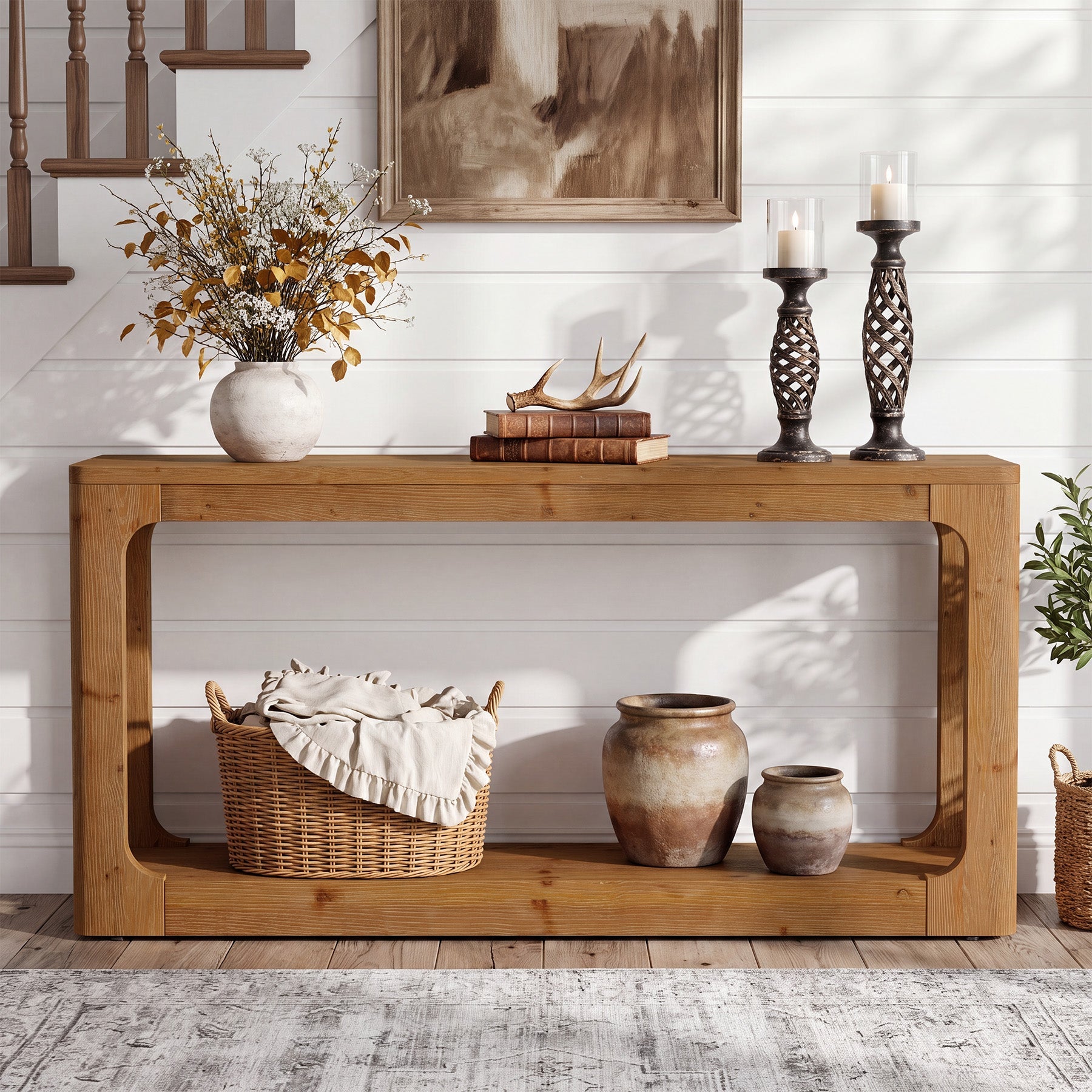 63" Solid Wood Console Table, 2-Tier Narrow Sofa Table Behind The Couch