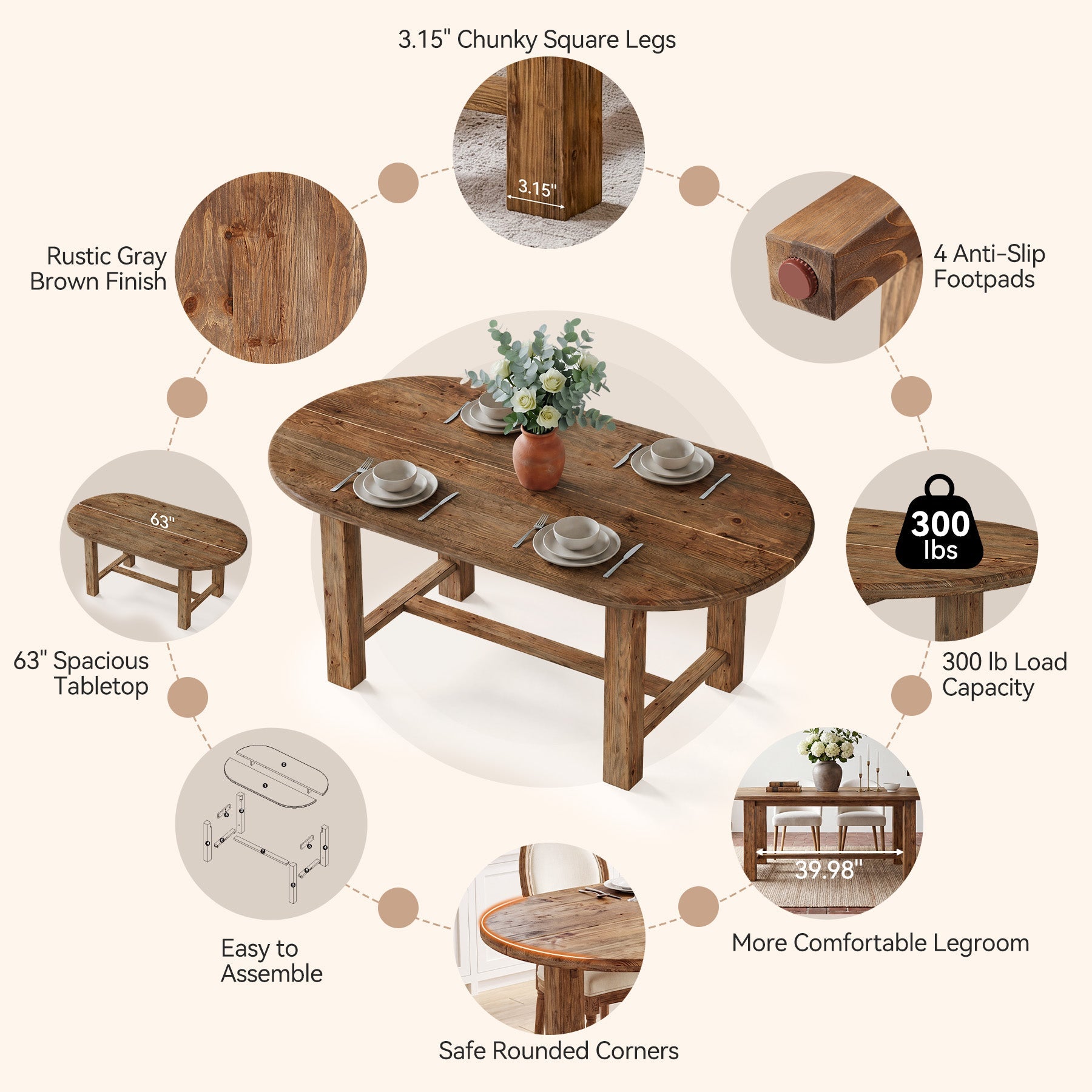 Solid Wood Executive Desk, 63" Oval Computer Table Office Desk with Crossbar for Home Office