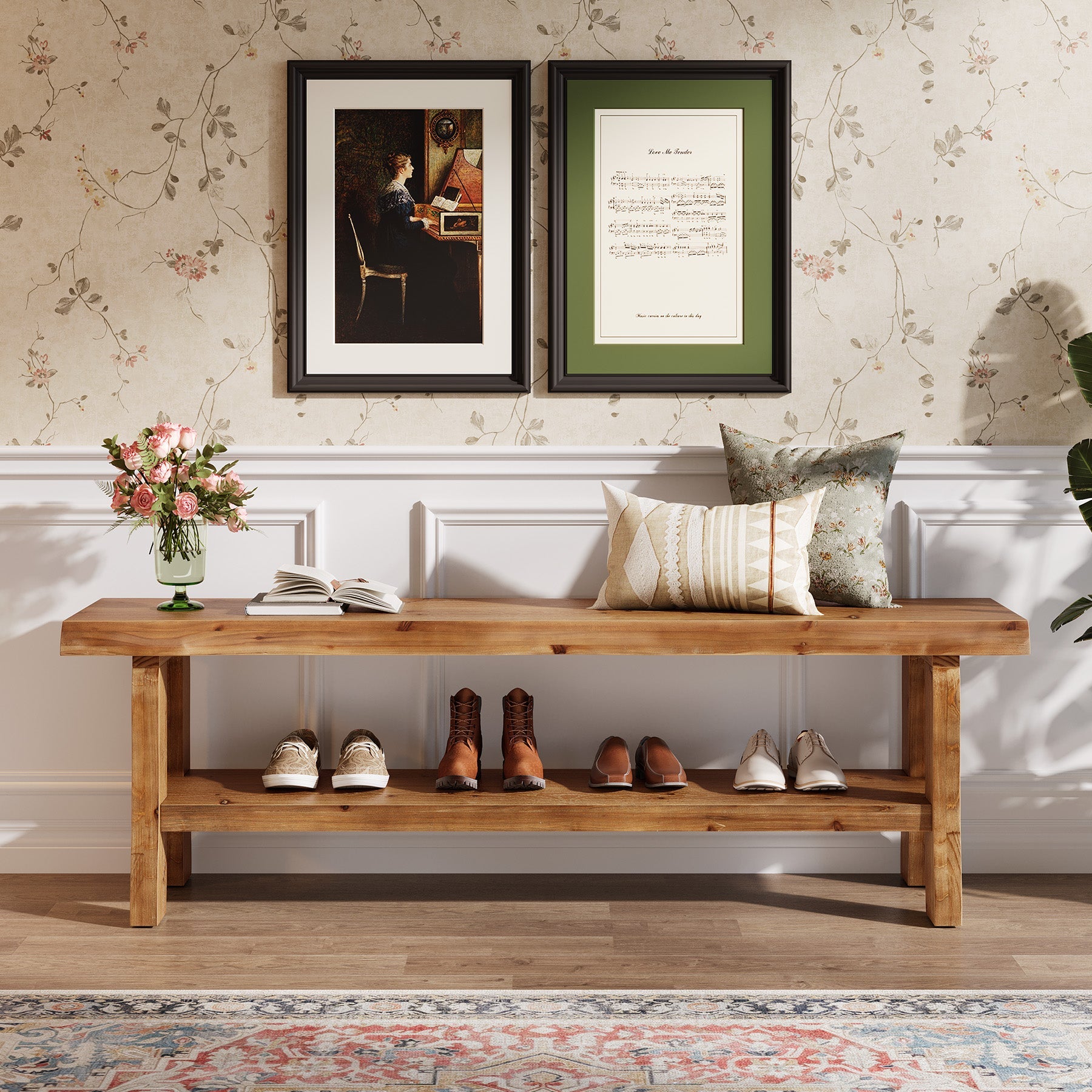 55" Shoe Bench, Solid Wood Entryway Bench End of Bed Stool with Lower Shelf
