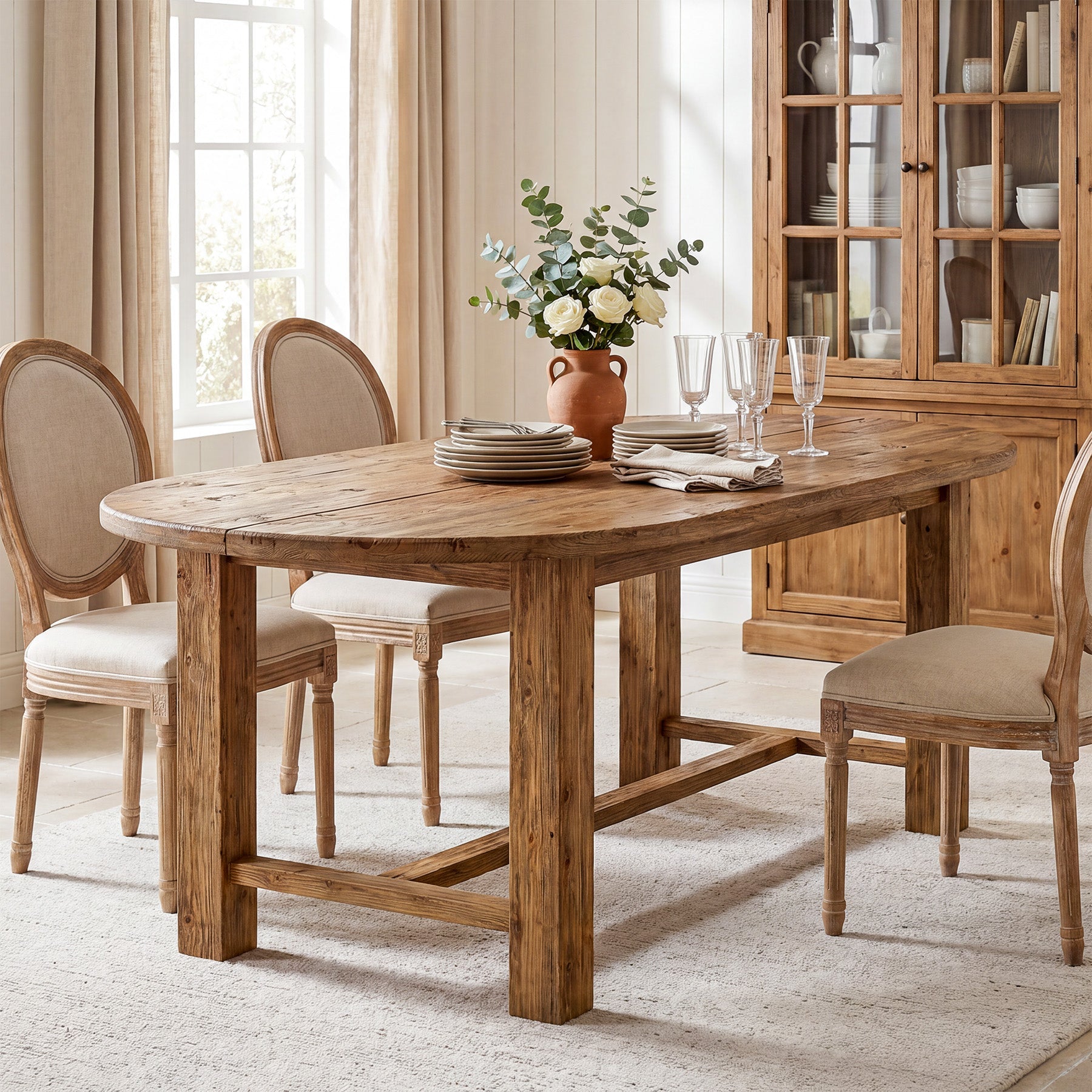 63" Solid Wood Dining Table for 4-6, Oval Farmhouse Kitchen Table with Chunky Legs