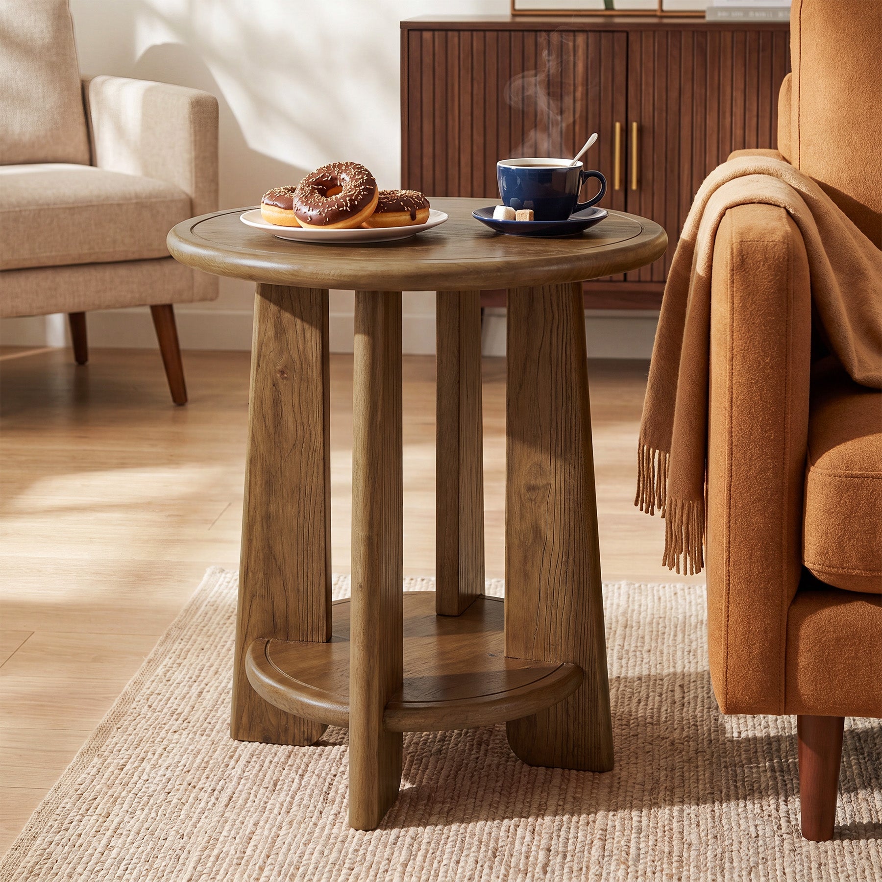 Round Solid Wood End Table, 2-Tier Side Table Nightstand with Shelf for Small Space