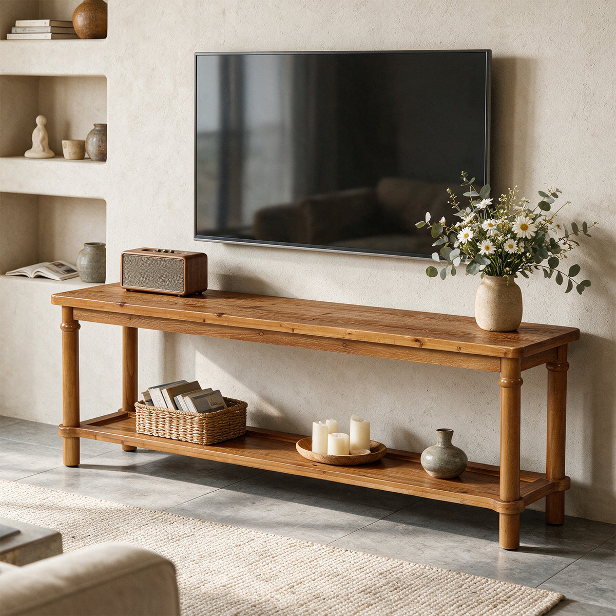 63" Solid Wood TV Stand for up to 75" TVs, 2-Tier TV Console Table with Open Shelf
