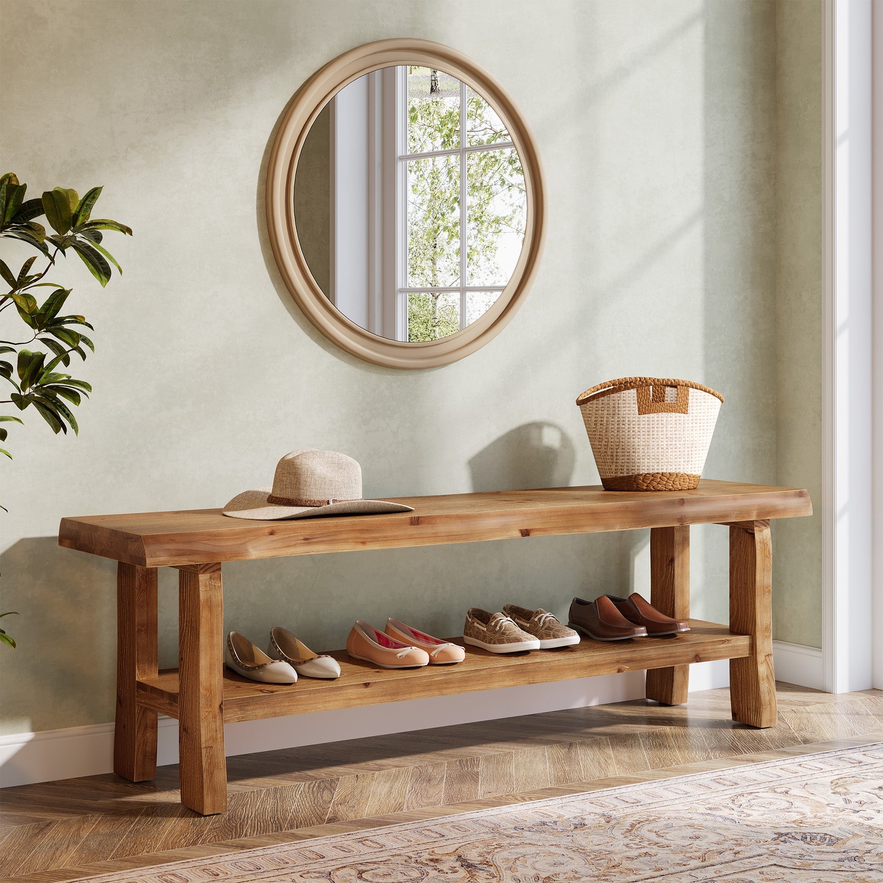 55" Shoe Bench, Solid Wood Entryway Bench End of Bed Stool with Lower Shelf