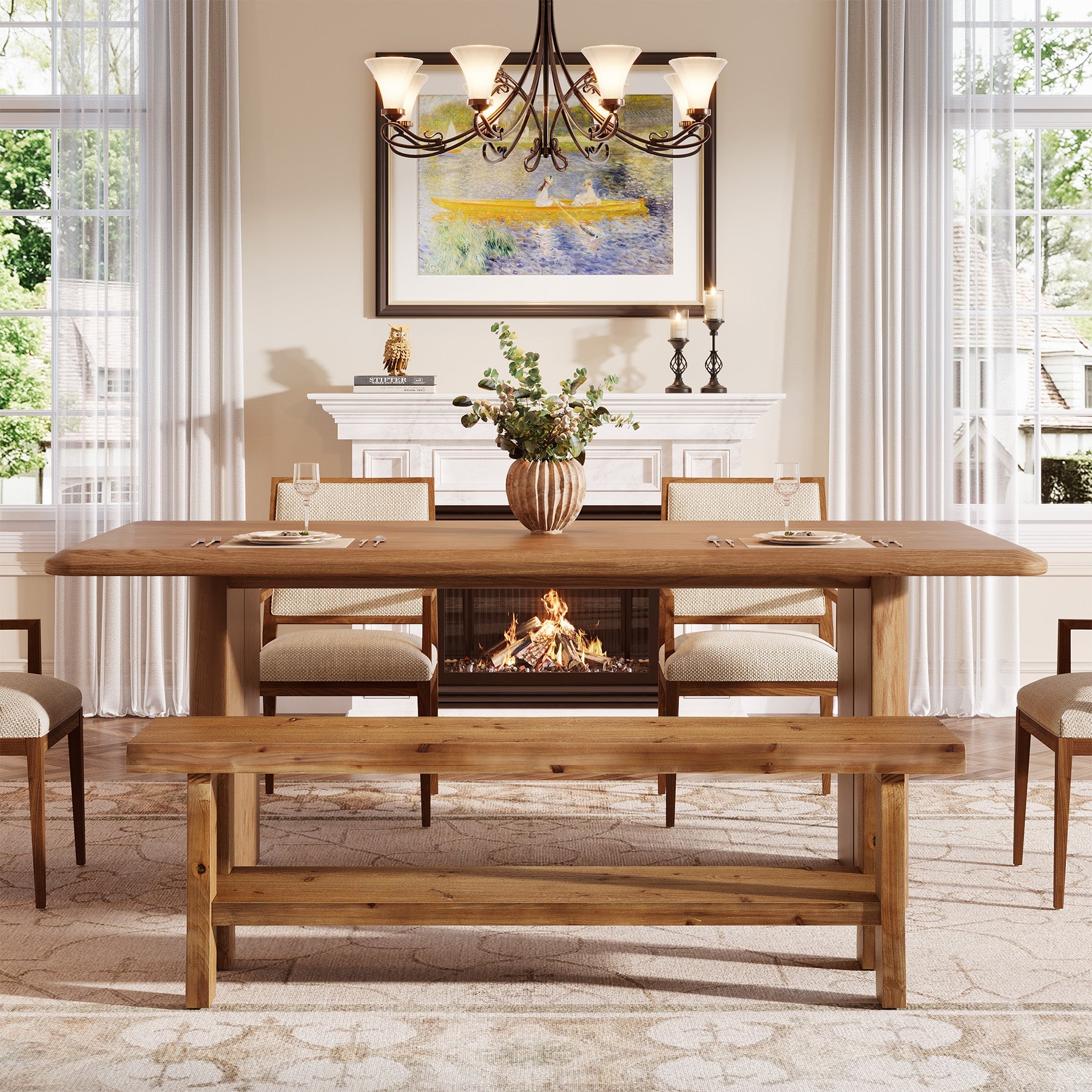 Solid Wood Dining Bench, 55" Farmhouse Kitchen Bench with Storage