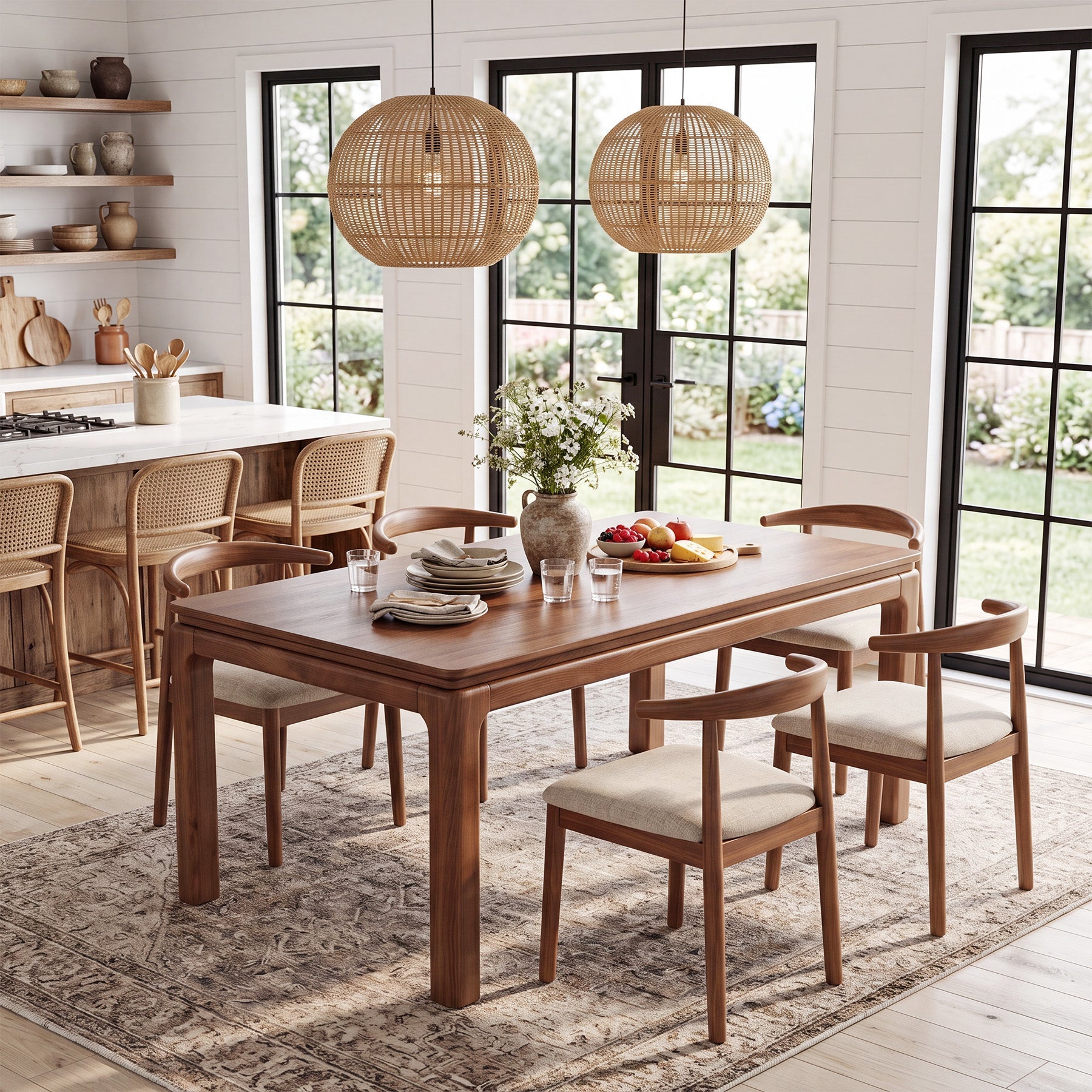 63" Solid Wood Dining Table, Rectangle Kitchen Table with 3-Layer Desktop for 4-6