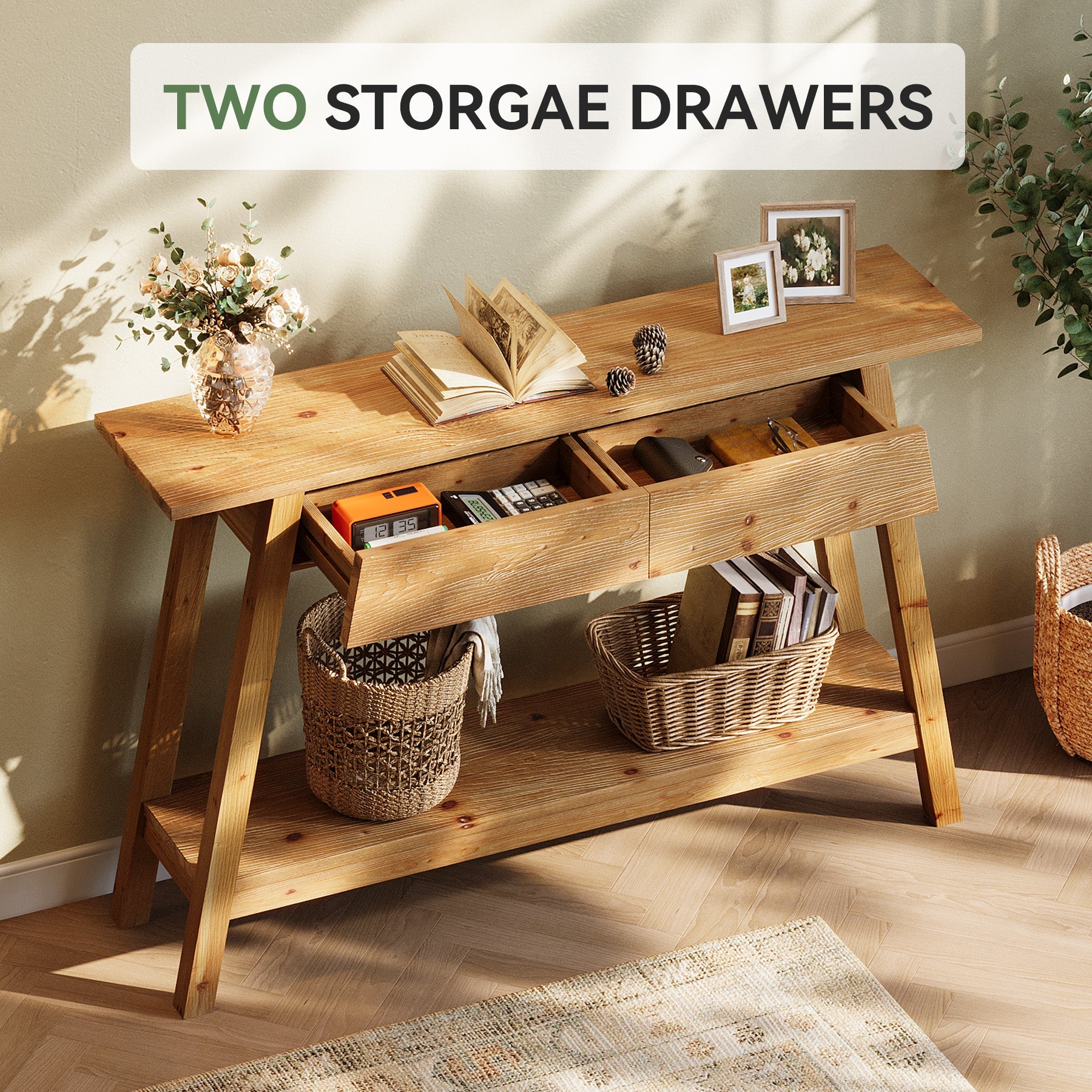 43.3" Solid Wood Console Table with 2 Drawers, Narrow Entryway Sofa Table with Shelf Storage
