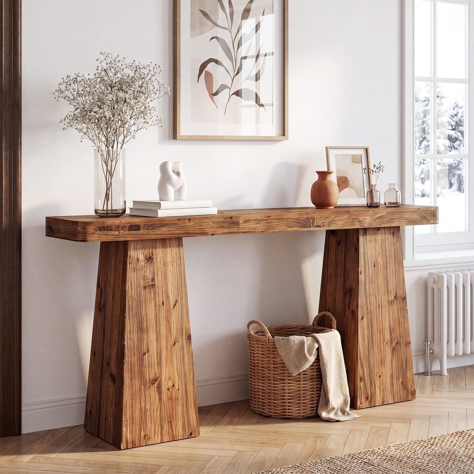 63" Farmhouse Console Table, Solid Wood Sofa Table Behind Couch with Extra-wide Legs
