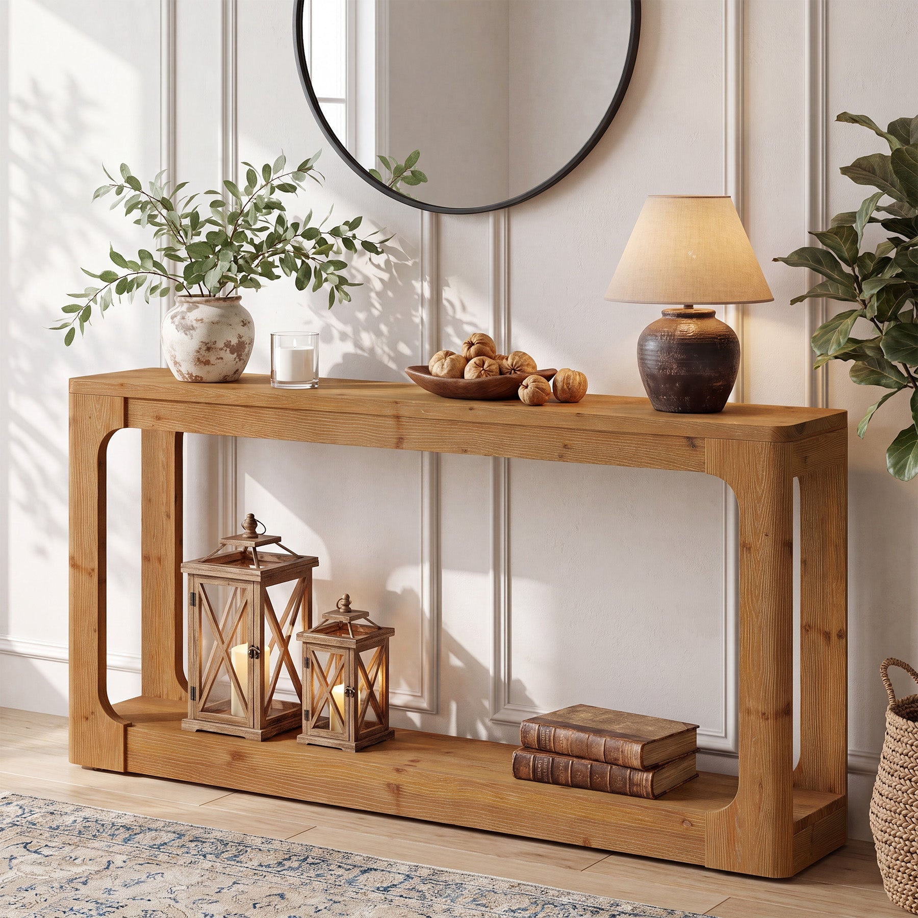 63" Solid Wood Console Table, 2-Tier Narrow Sofa Table Behind The Couch