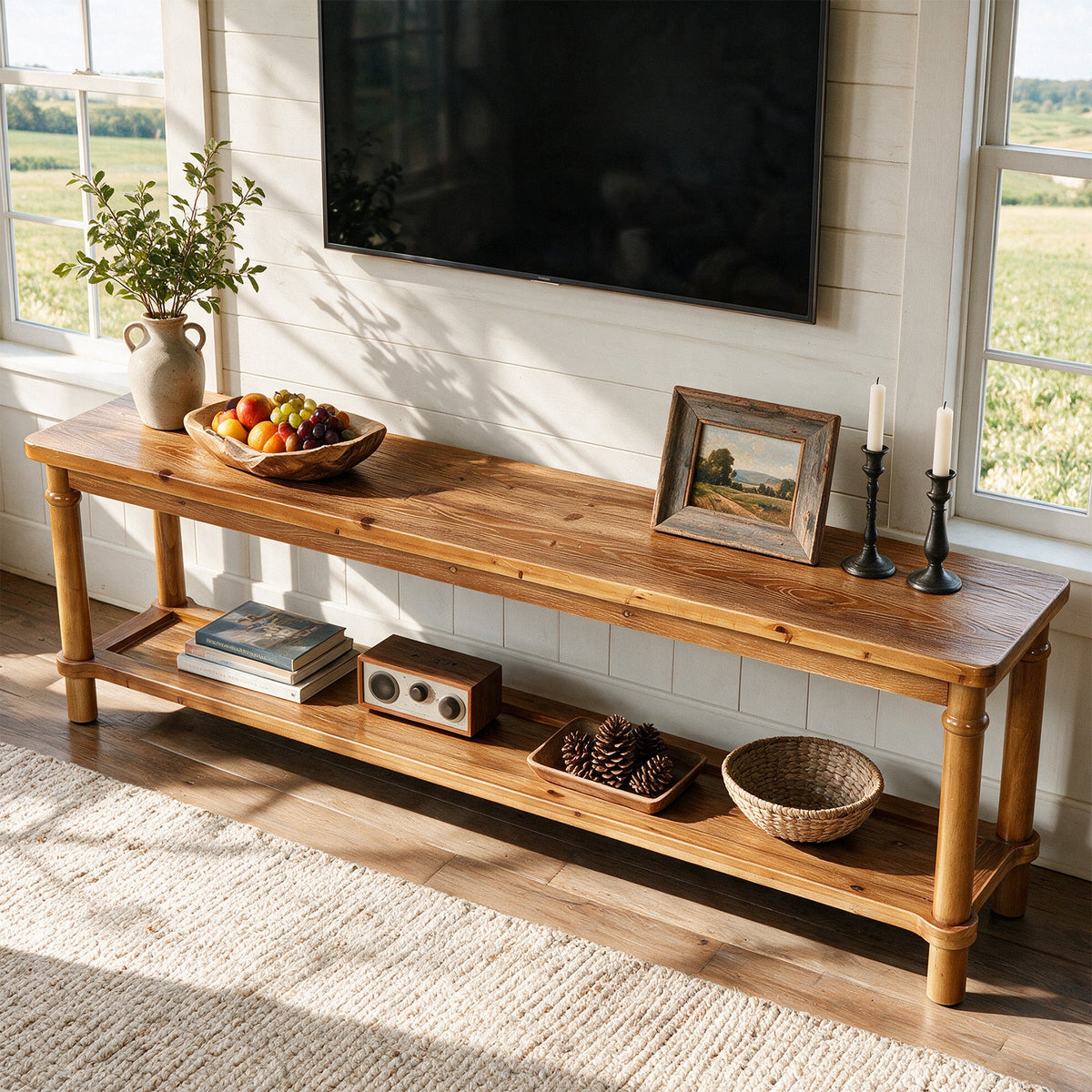 63" Solid Wood TV Stand for up to 75" TVs, 2-Tier TV Console Table with Open Shelf