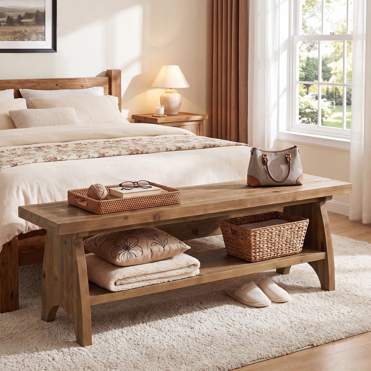 55" Farmhouse Entryway Bench with Shoe Storage & Open Shelf, Solid Wood, Hallway