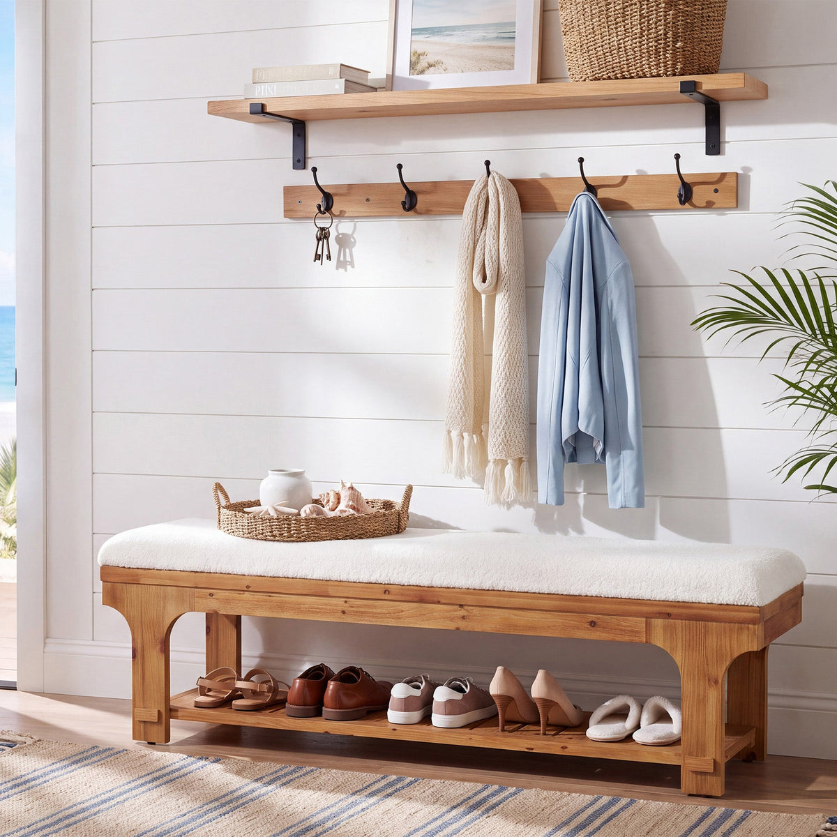 59" Entryway Bench with Boucle Cushion, Slatted Storage Shelf, Rustic Solid Wood, Hallway