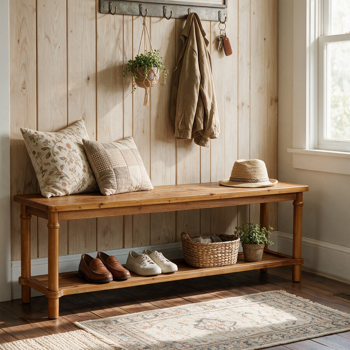 63" Solid Wood Entryway Bench, Farmhouse Shoe Storage Bench with 2-Tier Shelf for Hallway