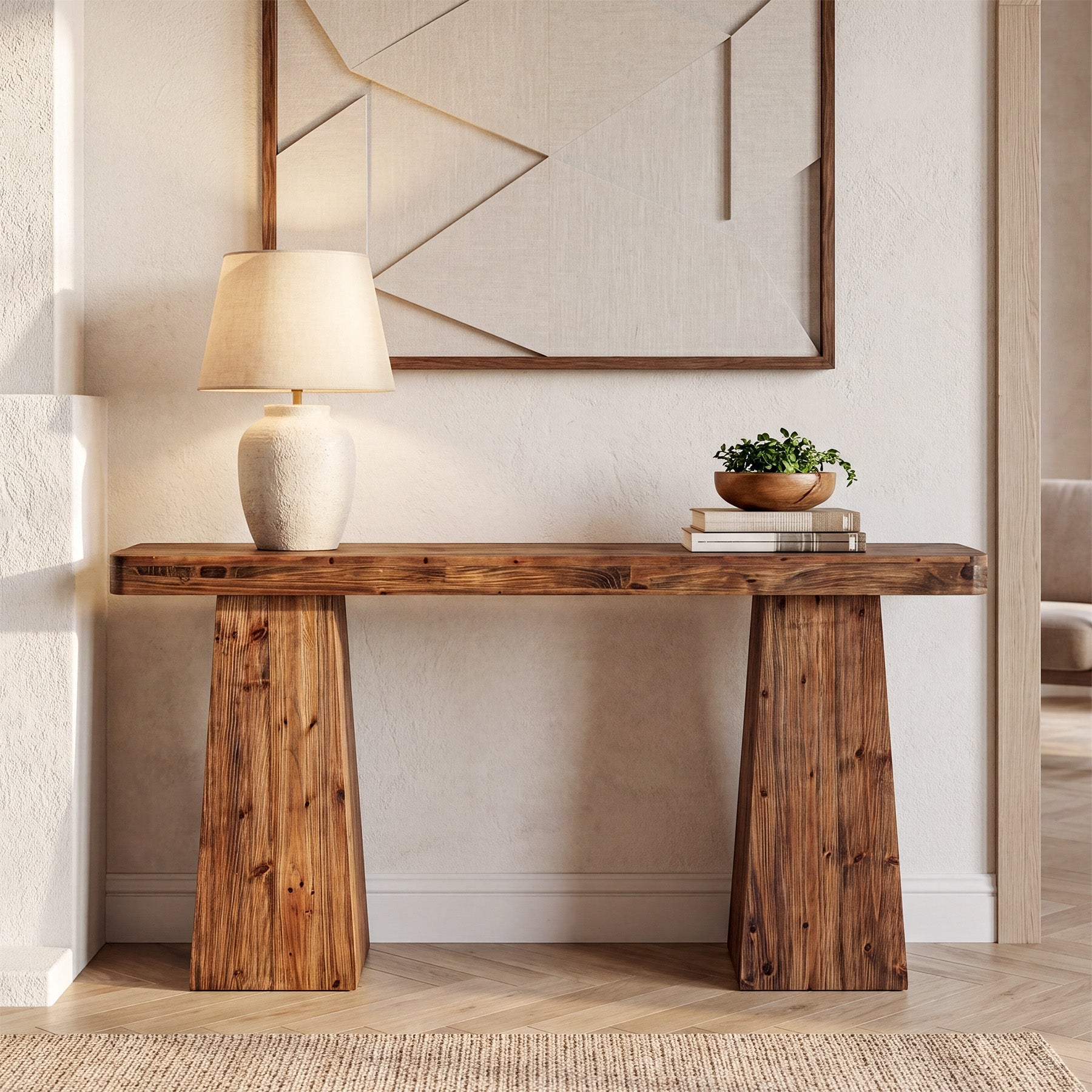63" Farmhouse Console Table, Solid Wood Sofa Table Behind Couch with Extra-wide Legs