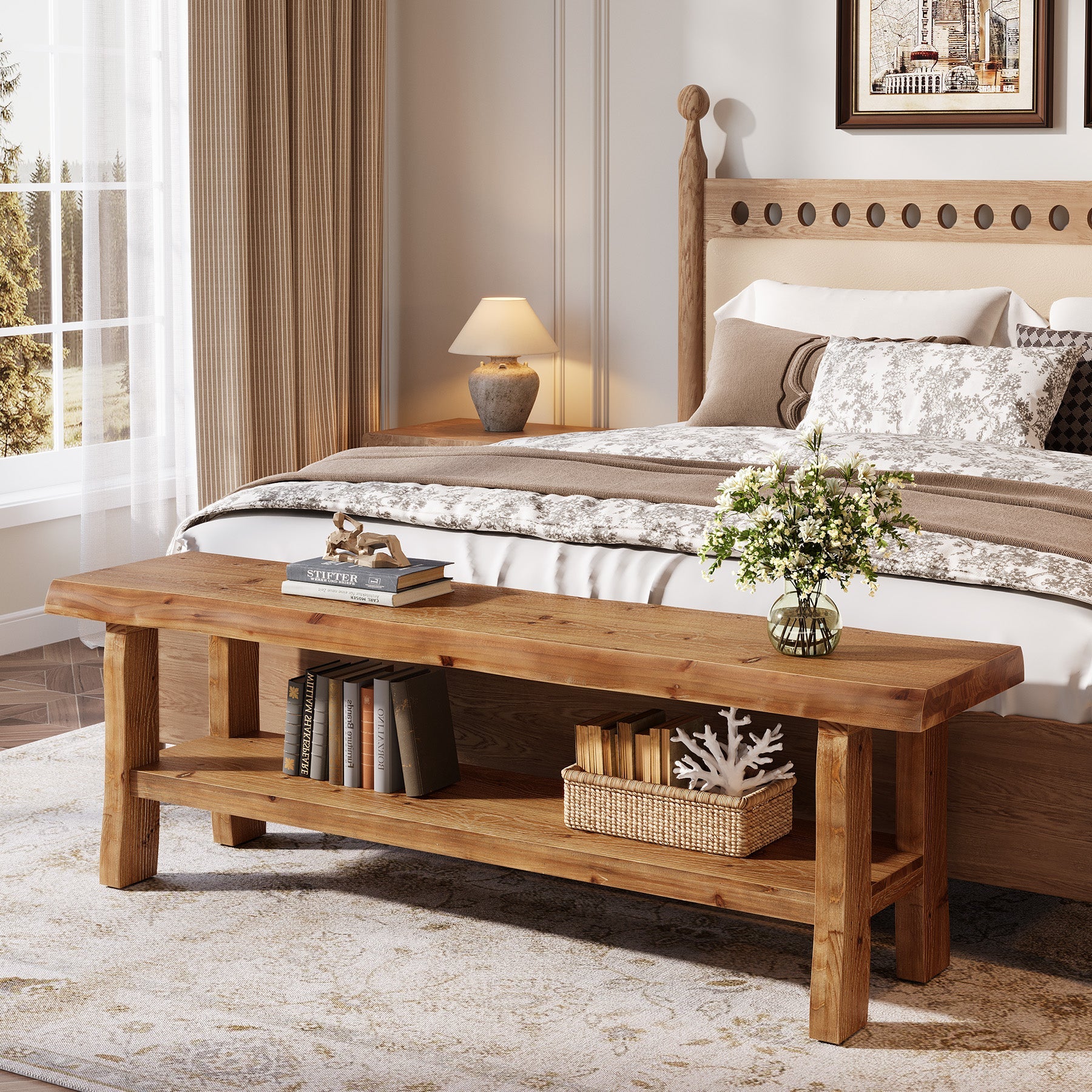 55" Shoe Bench, Solid Wood Entryway Bench End of Bed Stool with Lower Shelf