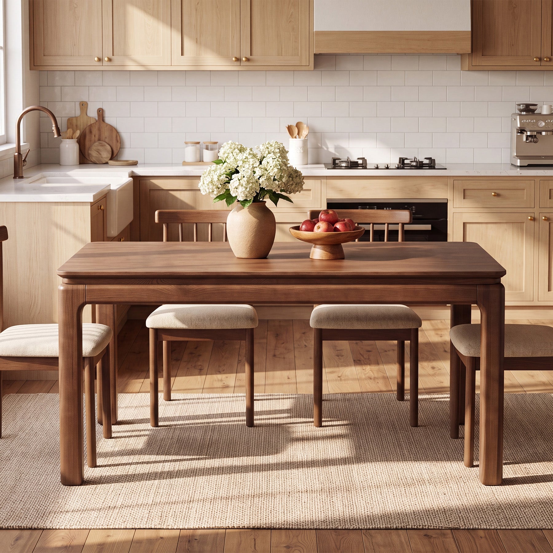 63" Solid Wood Dining Table, Rectangle Kitchen Table with 3-Layer Desktop for 4-6