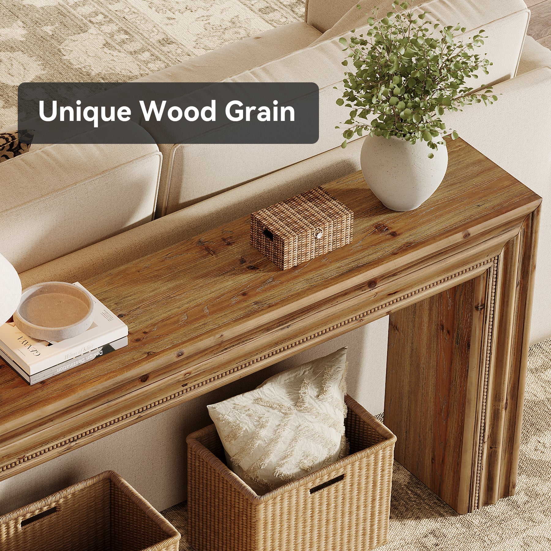 63" Solid Wood Console Table, Narrow Sofa Table Behind Couch with Sculpted Edge