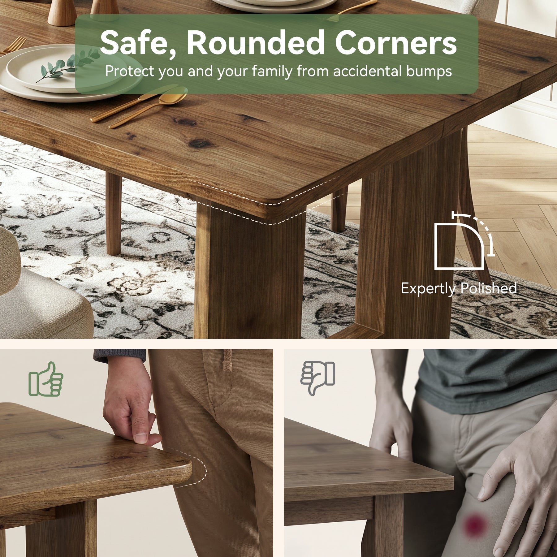 Farmhouse Dining Table, 63" Solid Wood Rectangle Kitchen Table for 4-6
