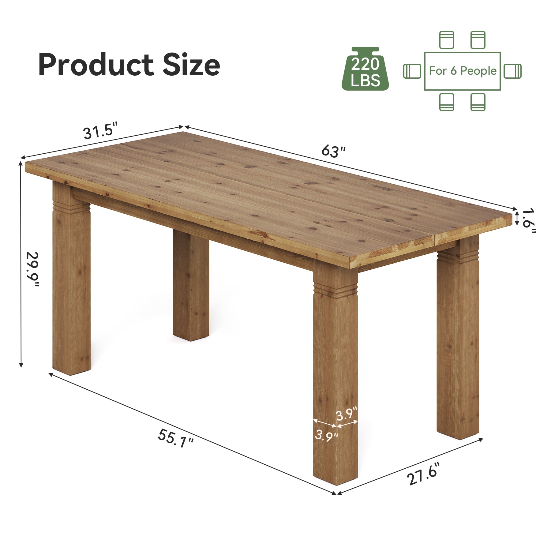 63" Solid Wood Computer Desk, Farmhouse Executive Desk with Heavy-Duty Legs