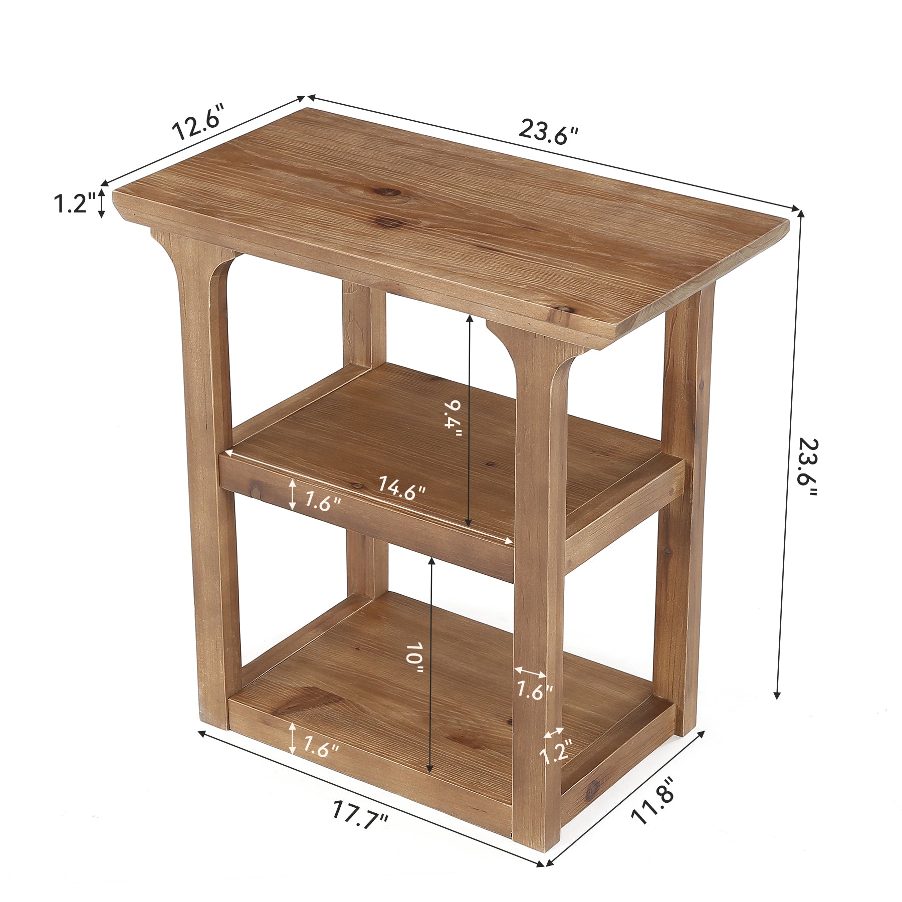 23.62" Solid Wood End Table, Farmhouse Side Table with 3-Tier Shelf for Living Room