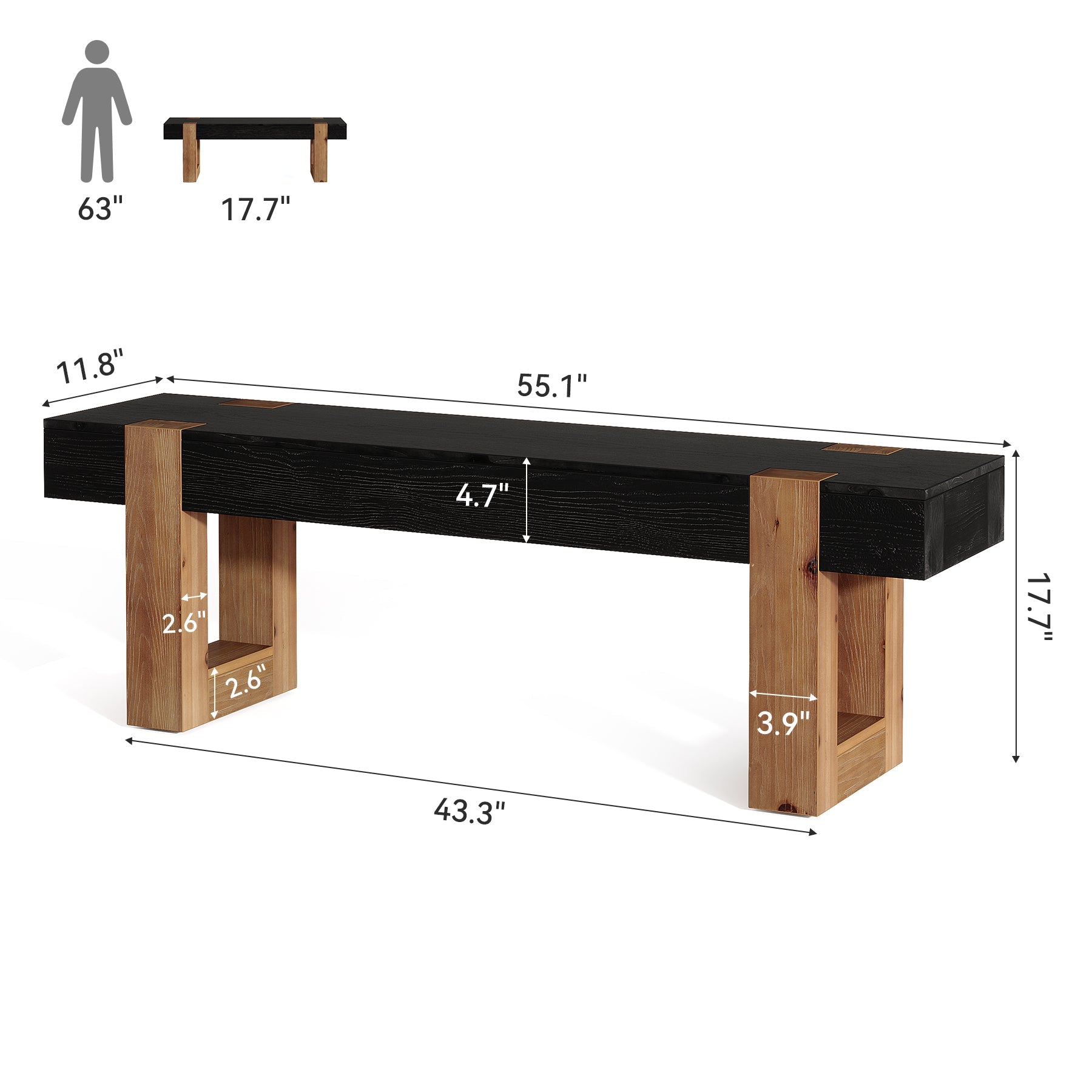 55" Solid Wood Dining Bench, Farmhouse Wooden Entryway Bench