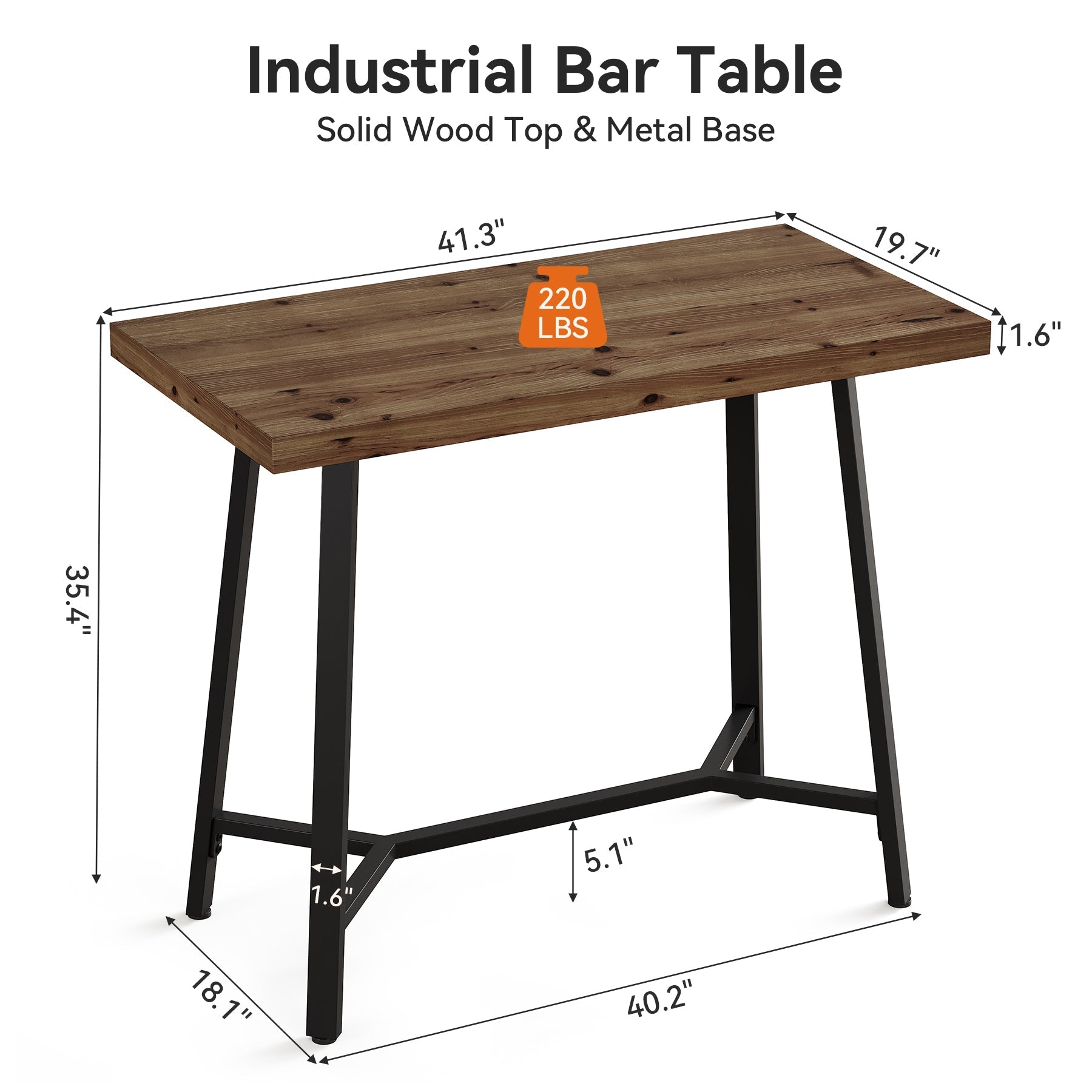 41.3" Solid Wood Bar Table, Counter Height Pub Table with Metal Base for Kitchen