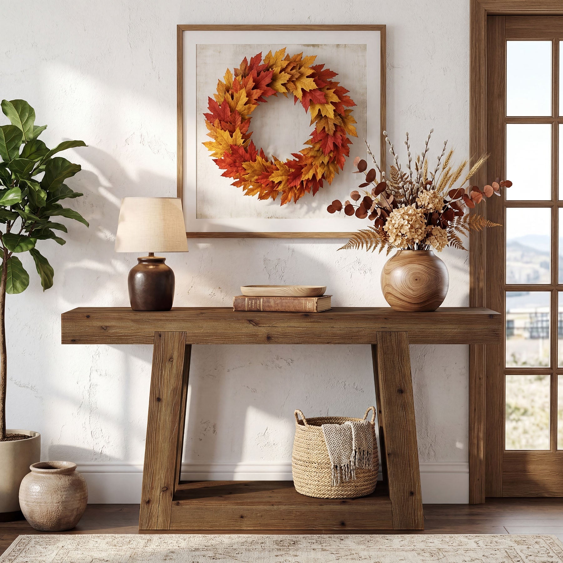 55" Solid Wood Console Table with 2-Tier Storage, Farmhouse Entryway Sofa Table for Hallway & Living Room