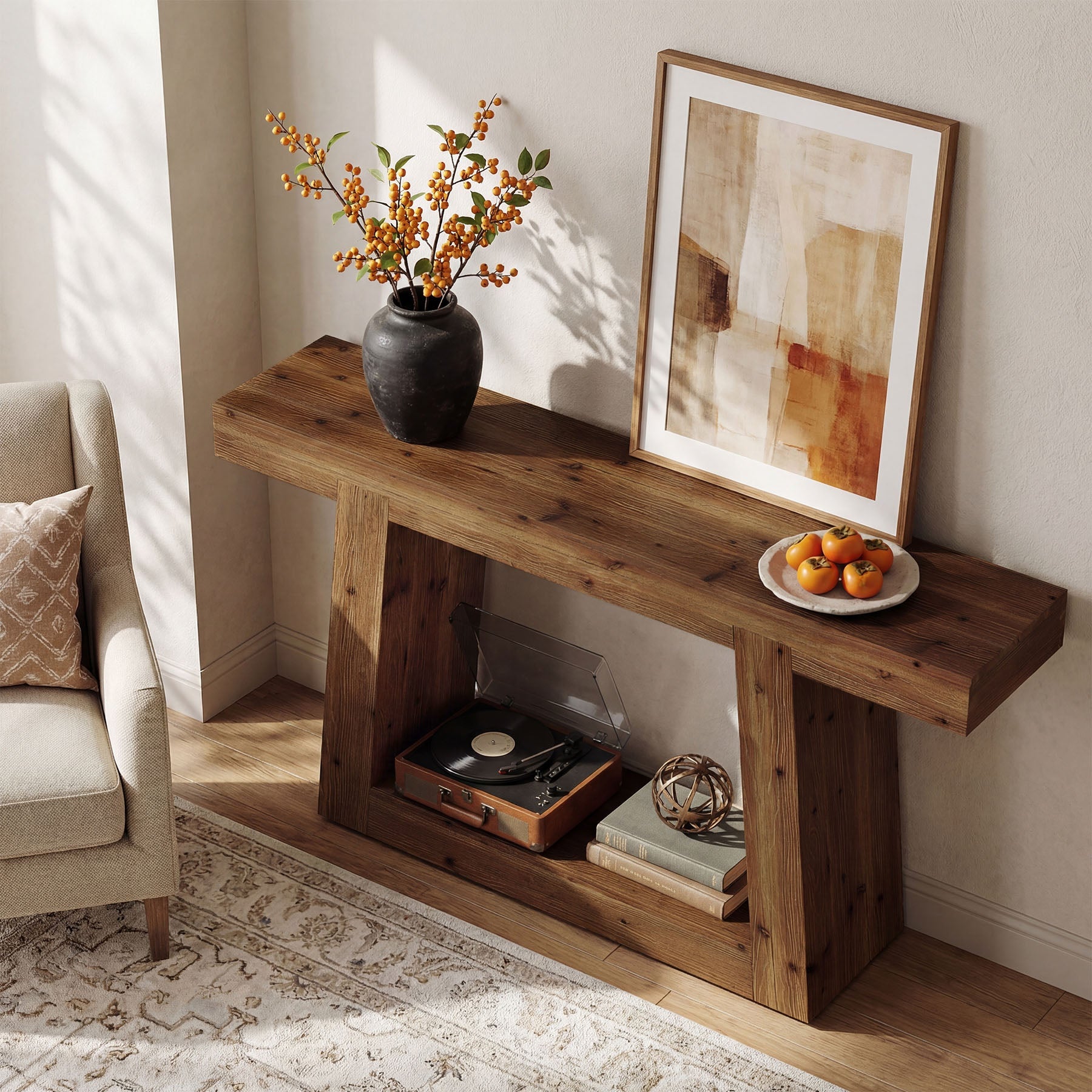55" Solid Wood Console Table with 2-Tier Storage, Farmhouse Entryway Sofa Table for Hallway & Living Room