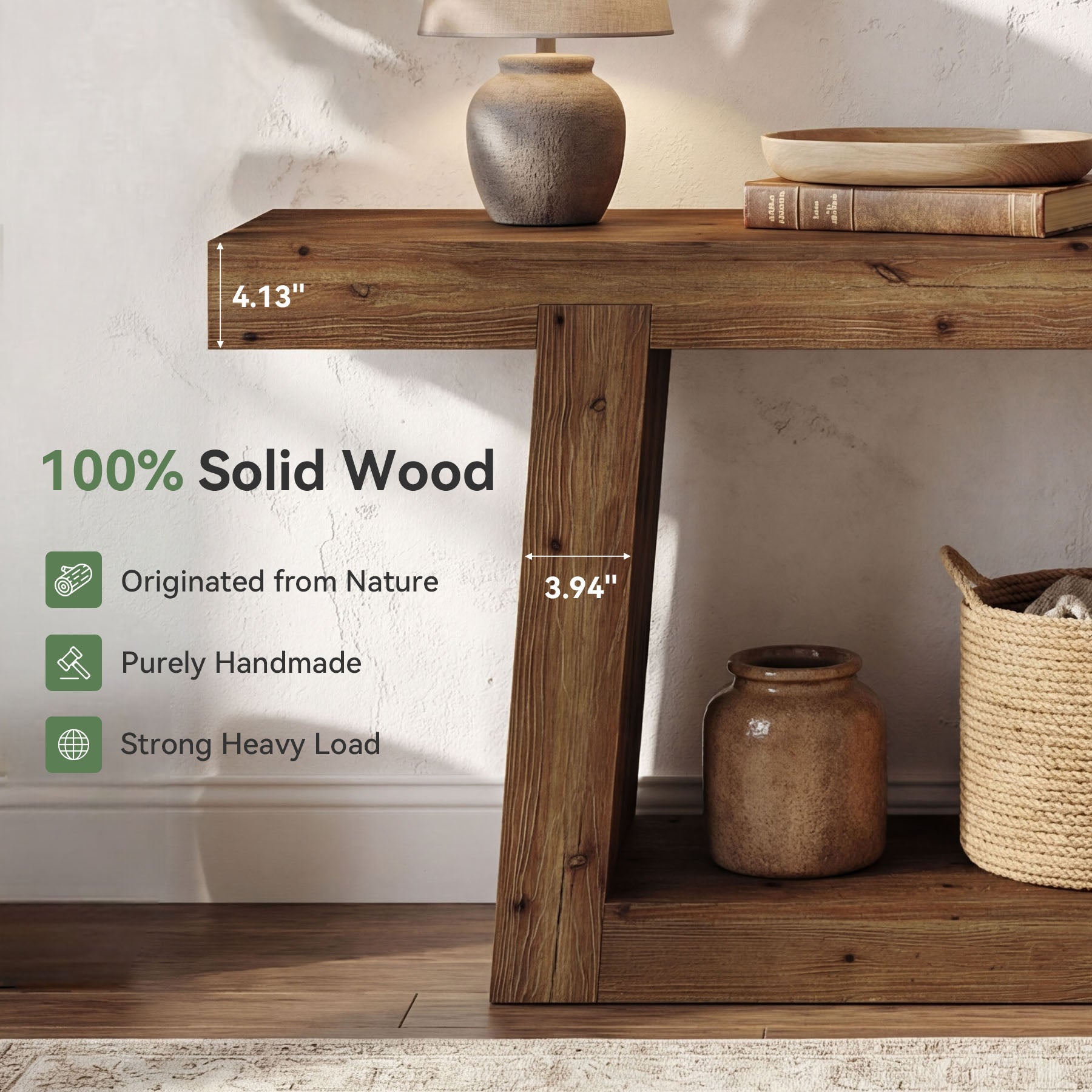 55" Solid Wood Console Table with 2-Tier Storage, Farmhouse Entryway Sofa Table for Hallway & Living Room