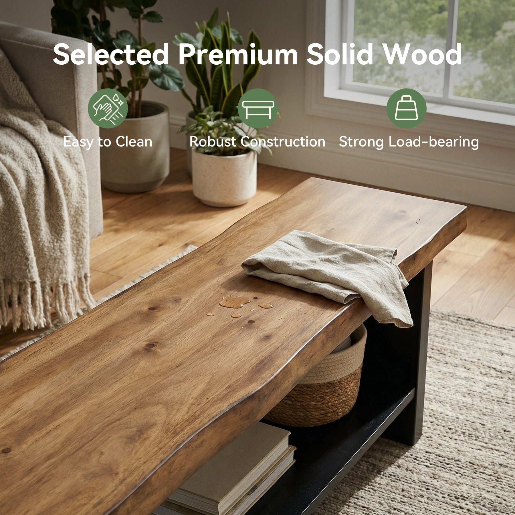 55" Solid Wood Entryway Bench, 2-Tier Farmhouse Bench with Shoe Storage