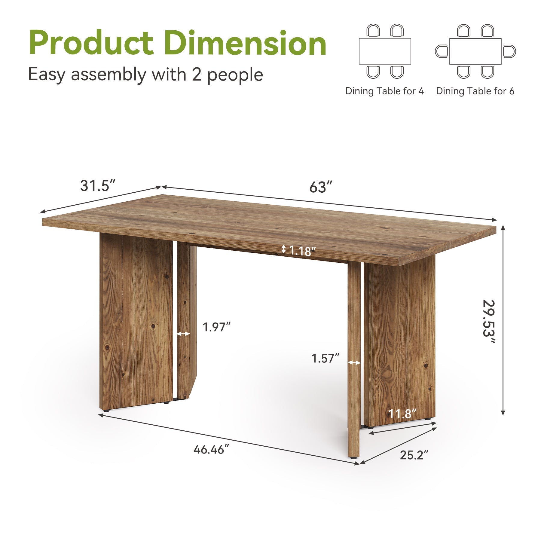 Solid Wood Dining Table, 63" Farmhouse Long Kitchen Table