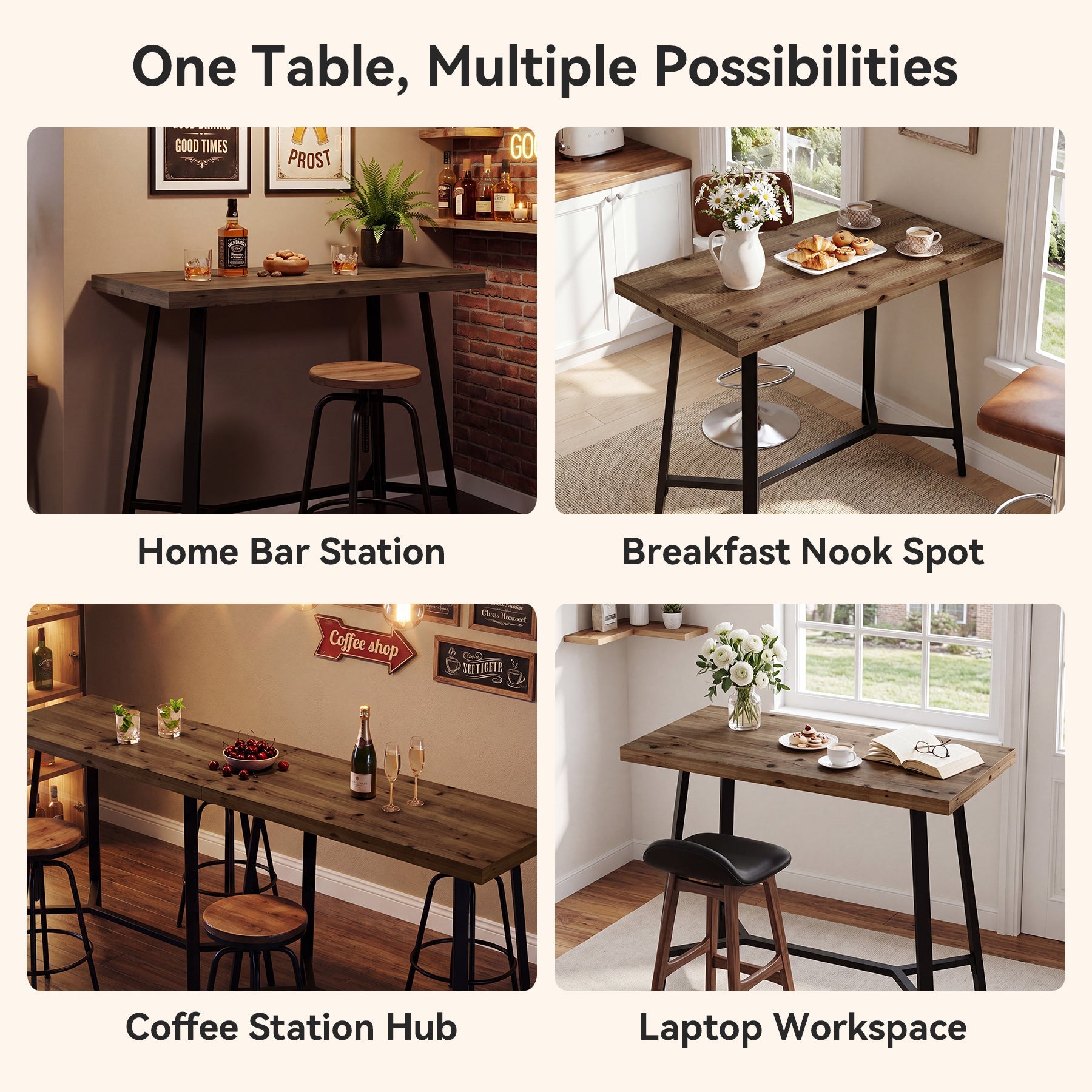 41.3" Solid Wood Bar Table, Counter Height Pub Table with Metal Base for Kitchen