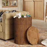 Solid Wood Round Side Table, No-Assembly Fluted End Table with Storage & 4 Wheels 3